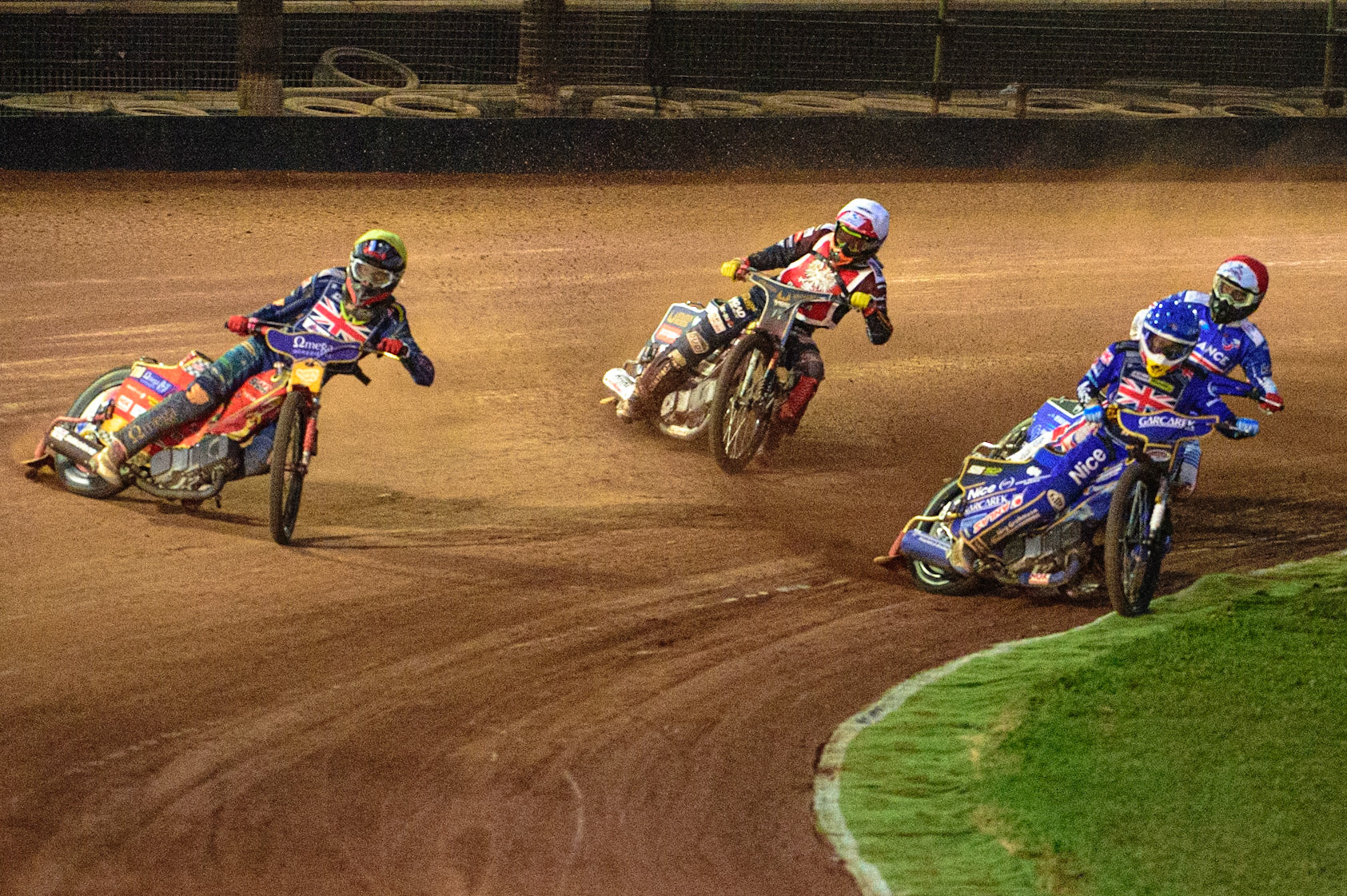 Robert Lambert (Great Britain) (Blue) inside Drew Kemp (Great Britain) (Yellow) with Dominik Kubera (Poland) (White) and David Bellego (France) (Red) behind during the FIM Speedway Grand Prix Challenge at the Peugeot Ashfield Stadium, Glasgow on Saturday 20th August 2022. (Credit: Ian Charles | MI News)