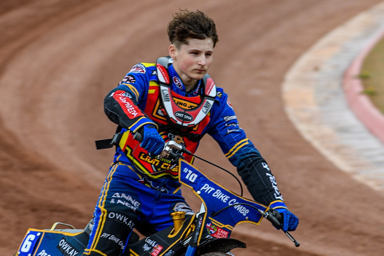 Leicester Lion Cubs' Ryan Ingram  on the parade lap  during the WSRA National Development League match between Belle Vue Colts and Leicester Lion Cubs at the National Speedway Stadium, Manchester on Friday 18th April 2025. (Photo: Ian Charles | MI News)