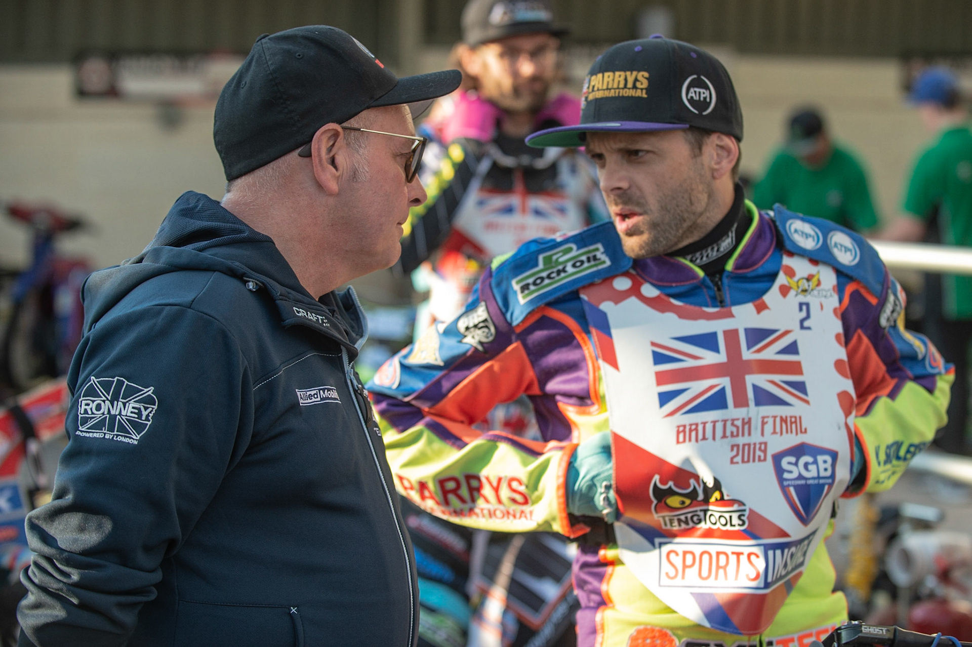 Photo: Ian Charles

Alun Rossiter (left) chats with Rory Schlein

Sports Insure British Final,  Belle Vue National Speedway Stadium, Manchester Monday 29  July  2019