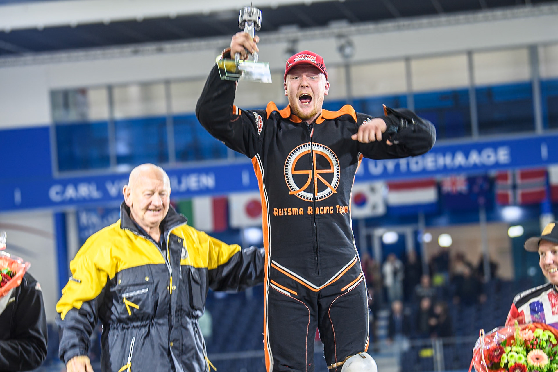 Sebastian Reitsma of The Netherlands jumps for joy after winning the meeting during the Roelof Thijs Bokaal, Ice Rink Thialf, Heerenveen, Netherlands on Friday 4th April 2025. (Photo: Ian Charles | MI News)