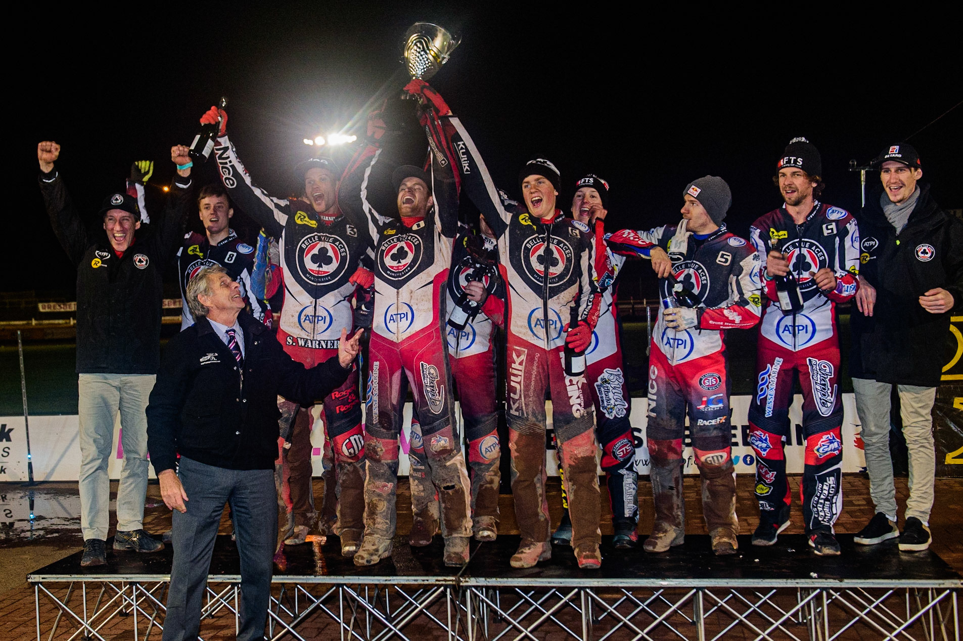 The Belle Vue ATPI Aces raise the trophy as Premiership Champions 2022 during the SGB Premiership Grand Final 2nd Leg between Sheffield Tigers and Belle Vue Aces at Owlerton Stadium, Sheffield on Thursday 13th October 2022. (Credit: Ian Charles | MI News)