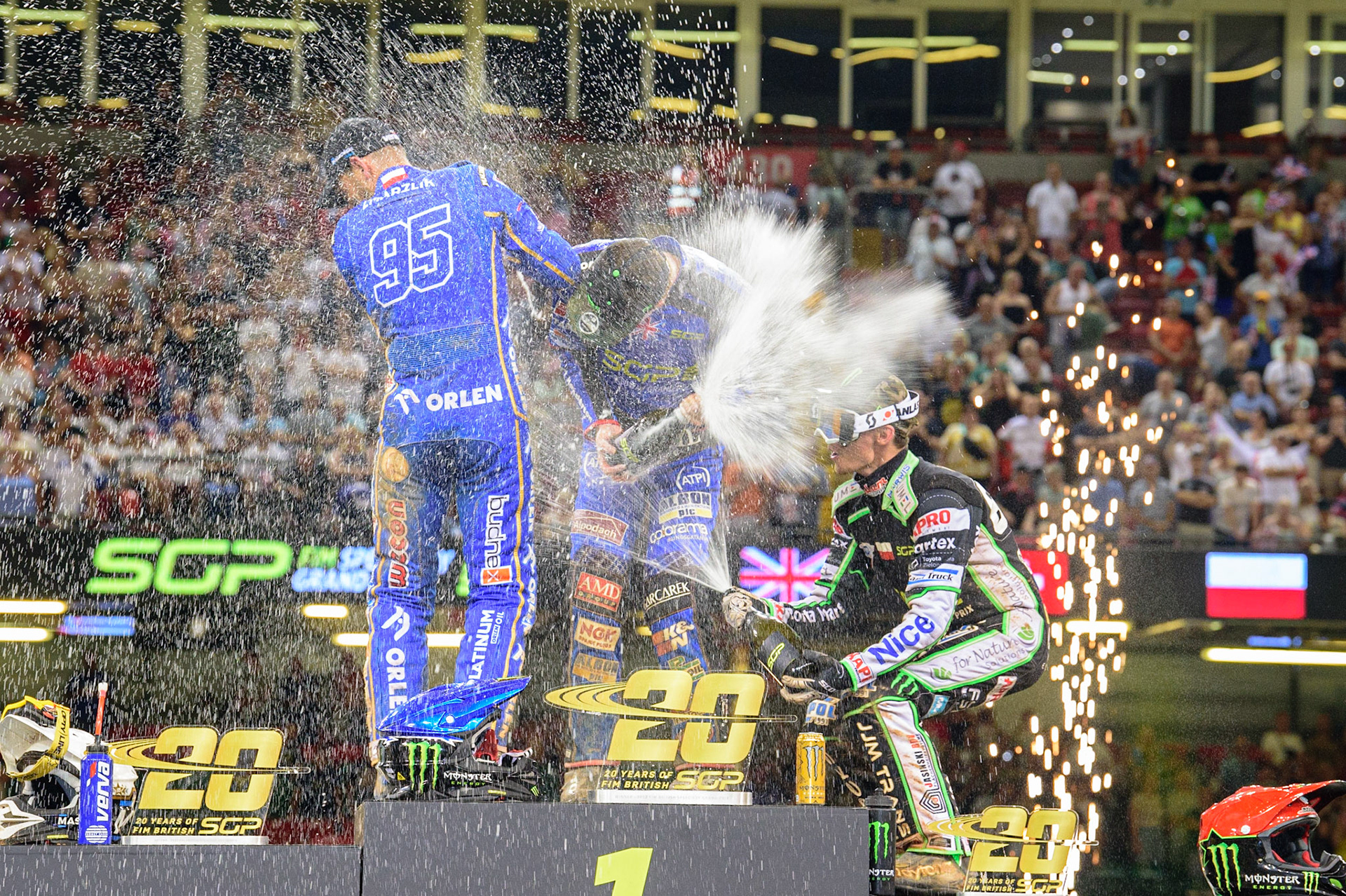 Champagne Capers on the Rostrum during the FIM  Speedway Grand Prix of Great Britain at the Principality Stadium, Cardiff on Saturday 13th August 2022. (Credit: Ian Charles | MI News