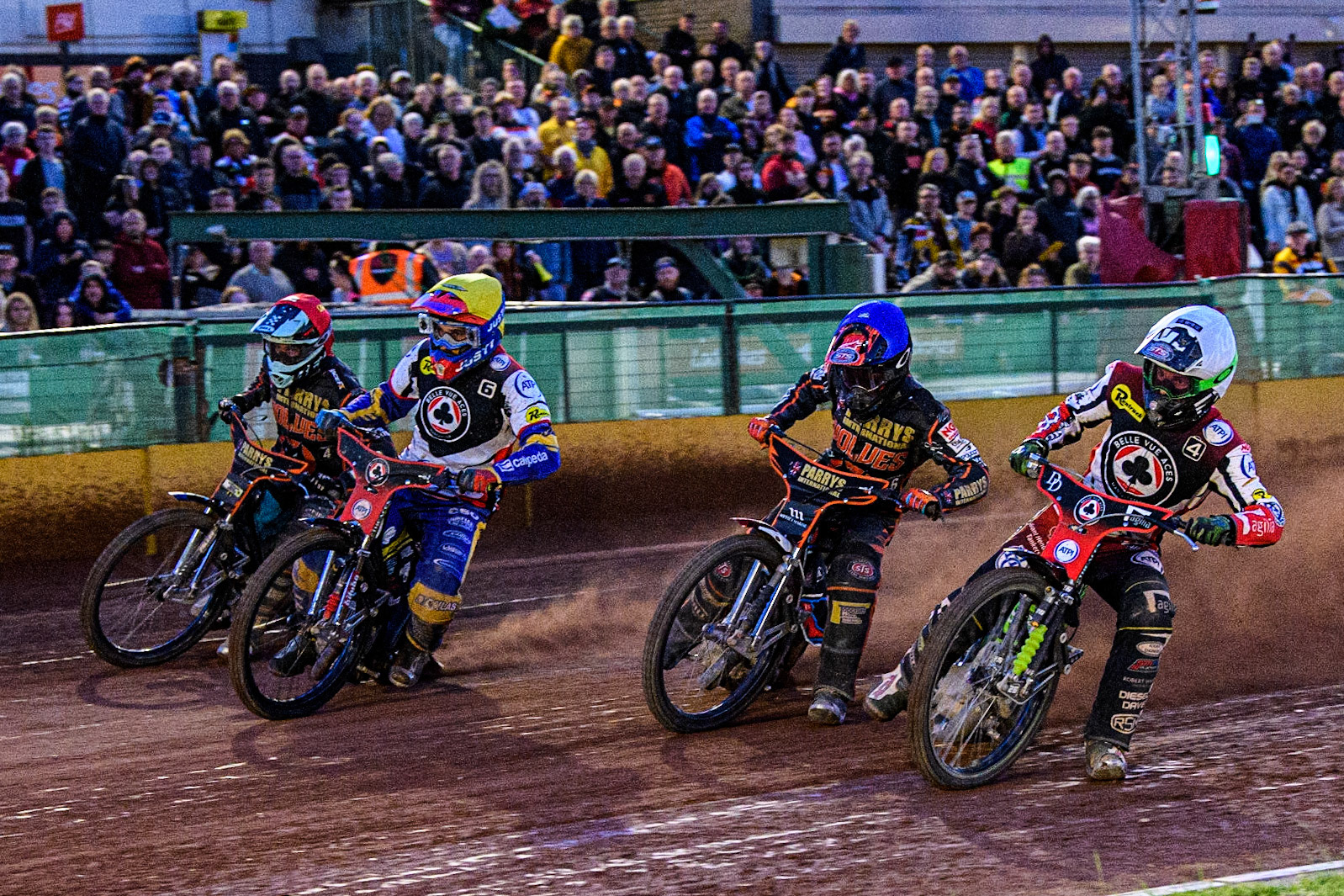 (l - r) Ryan Douglas (Red), Paco Castagna (Yellow), Leon Flint (Blue) and Charles Wright (White) during the Sports Insure Premiership match between Wolverhampton Wolves and Belle Vue Aces at Monmore Green Stadium, Wolverhampton on Monday 29th May 2023. (Photo: Ian Charles | MI News)