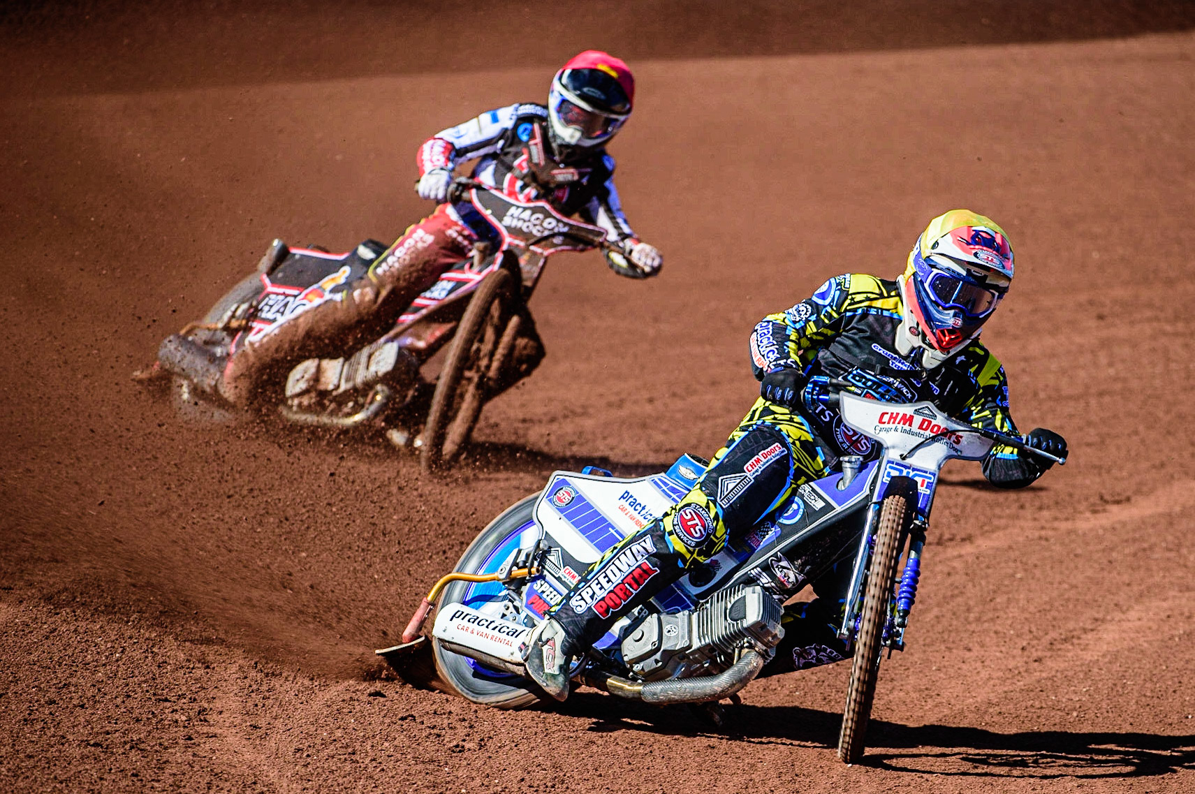 Danny Phillips  (Yellow) leads Sam Hagon  (Red) during the National Development League match between Belle Vue Colts and Berwick Bullets at the National Speedway Stadium, Manchester on Friday 7th April 2023. (Photo: Ian Charles | MI News)