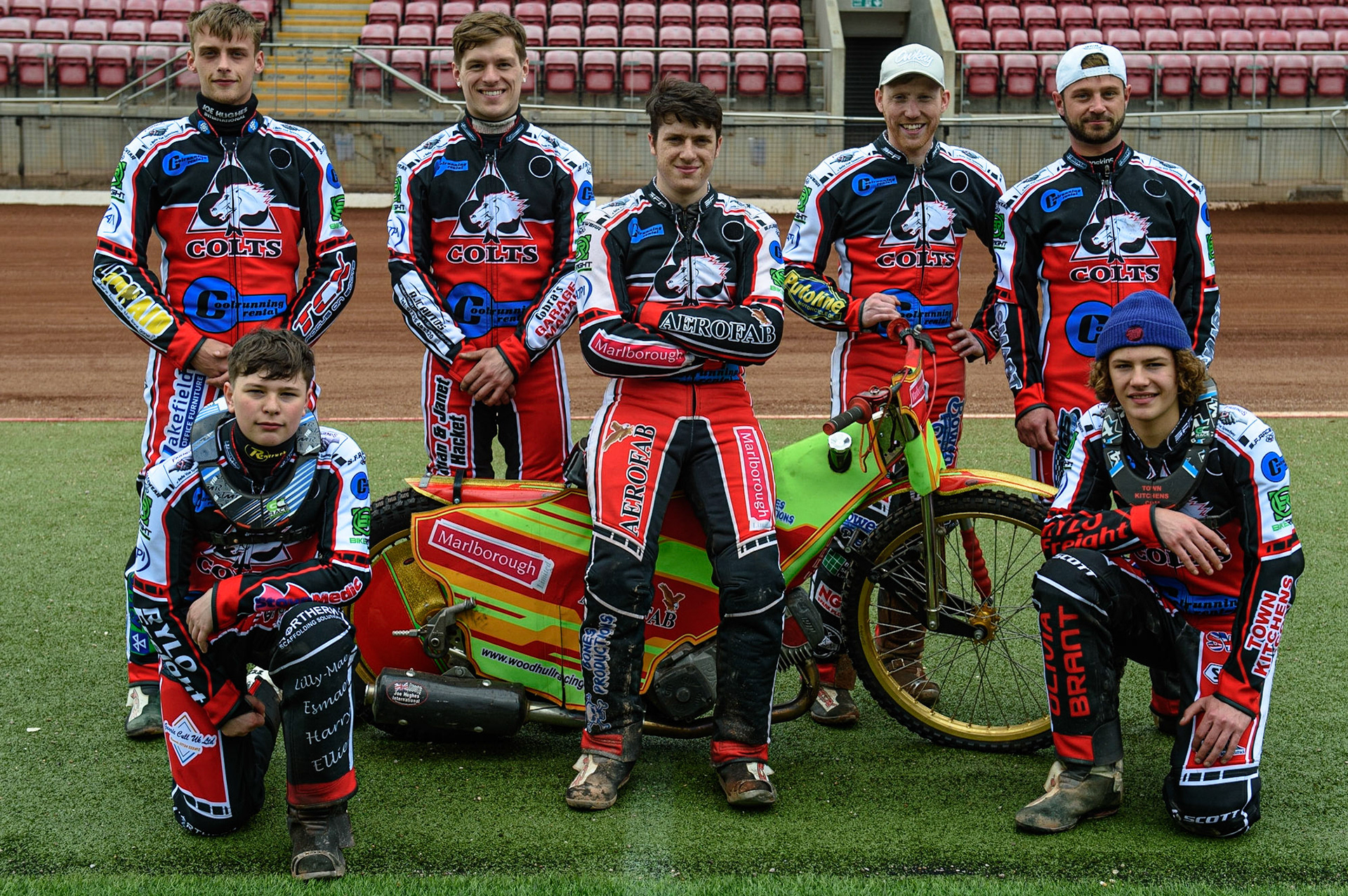 Photo: Ian CharlesBelle Vue Colts 2021:(l-r) Jack Parkinson-Blackburn, Connor Coles, Ben Woodhull, Paul Bowen, Benji ComptonKneeling: Sam McGurk, Harry McGurkBelle Vue Press &amp; Practice, , National Speedway Stadium, Manchester Thursday  13  May  2021