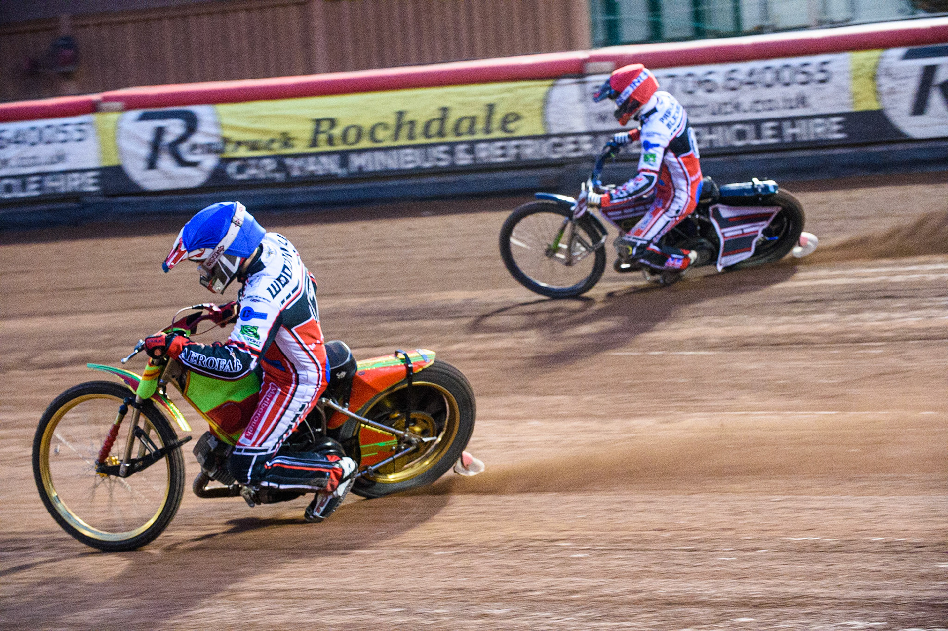 MANCHESTER, UK. AUGUST 20TH  Ben Woodhull  (Blue) inside Jack Parkinson-Blackburn  (Red)during the National Development League match between Belle Vue Aces and Armadale Devils at the National Speedway Stadium, Manchester on Friday 20th August 2021. (Credit: Ian Charles | MI News)