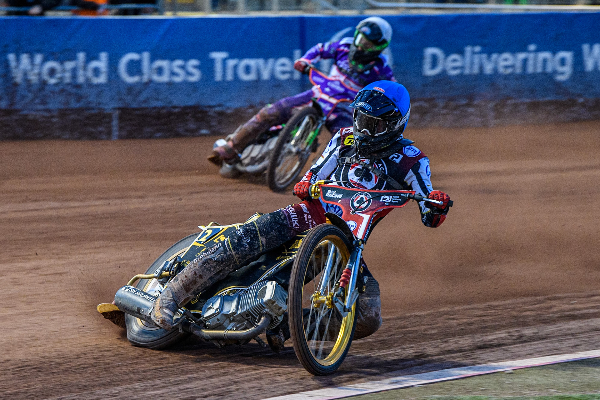 Norick Blodorn  (Blue) leads Benjamin Basso  (White) during the SGB Premiership match between Belle Vue Aces and Peterborough at the National Speedway Stadium, Manchester on Monday 24th April 2023. (Photo: Ian Charles | MI News)