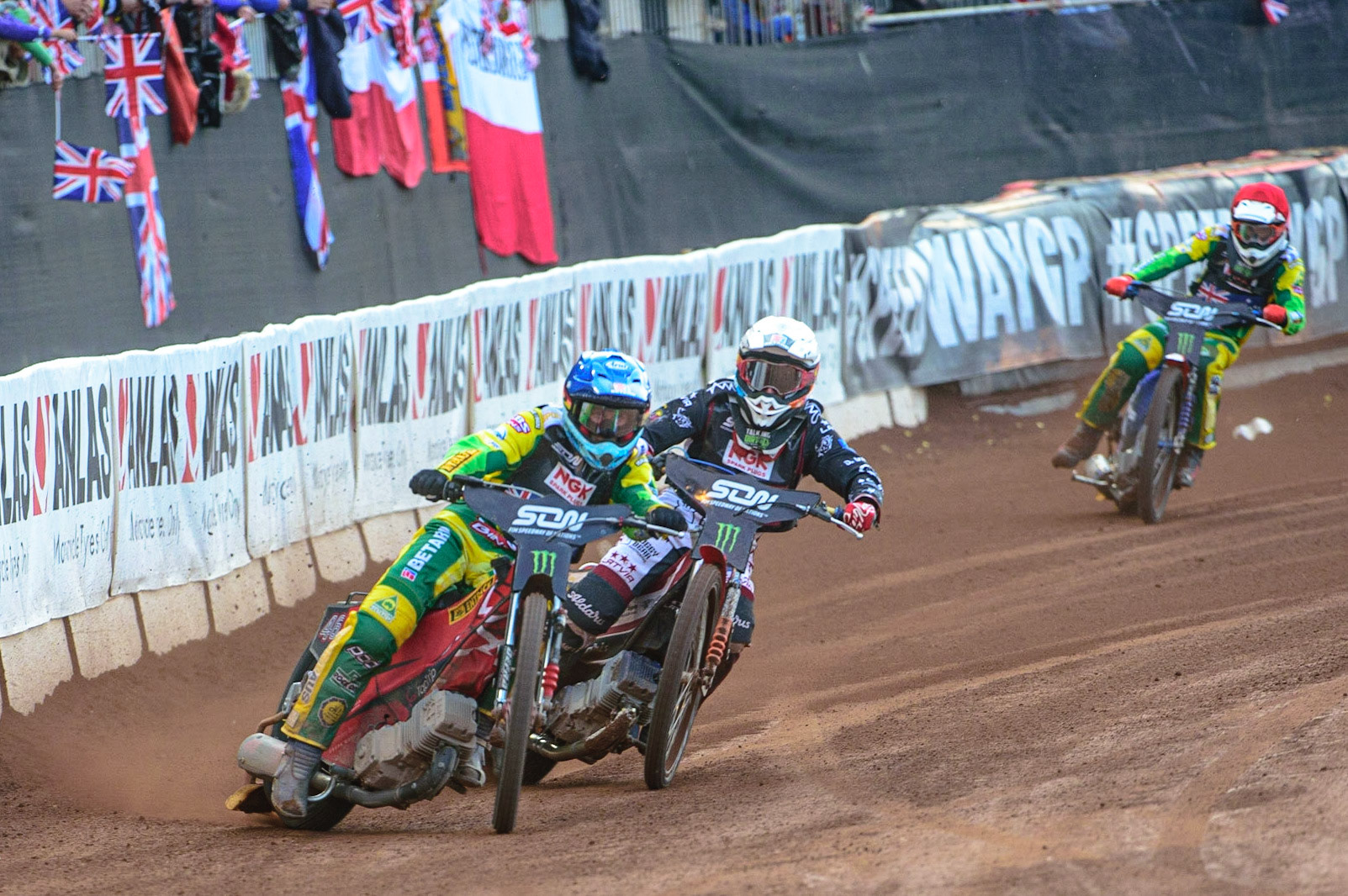 MANCHESTER, UK. OCT 16TH Max Fricke of Australia (Blue) leads Andzejs Lebedevs of Latvia (White) during the Monster Energy FIM Speedway of Nations at the National Speedway Stadium, Manchester on Saturday  16th October 2021. (Credit: Ian Charles | MI News)