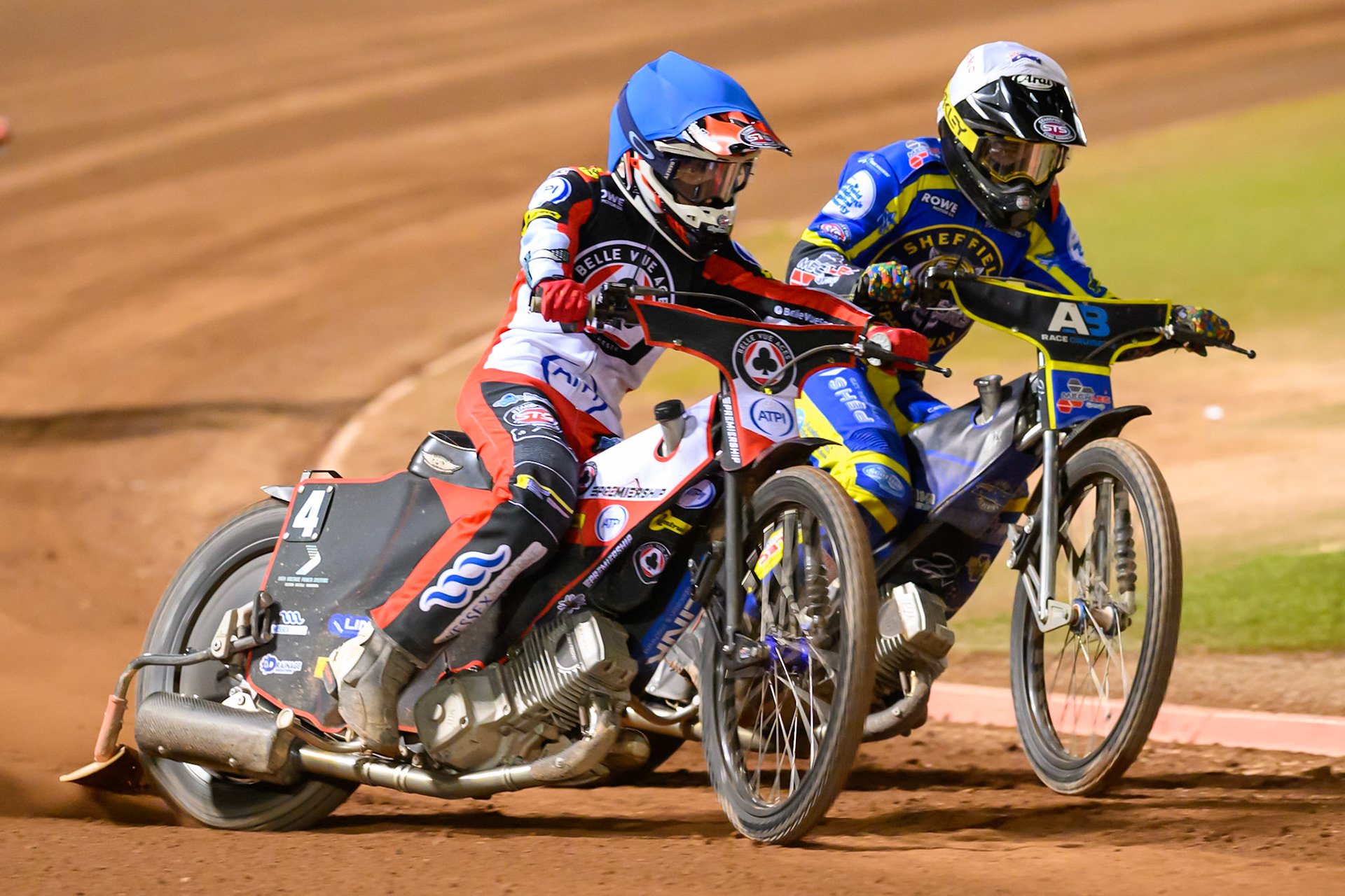 Zach Cook of Belle Vue Aces in Blue leading Josh Pickering of Sheffield Tigers in White during the Rowe Motor Oil Premiership match between Belle Vue Aces and Sheffield Tigers at the National Speedway Stadium, Manchester on Monday 14th September 2026. (Photo: Ian Charles | MI News)