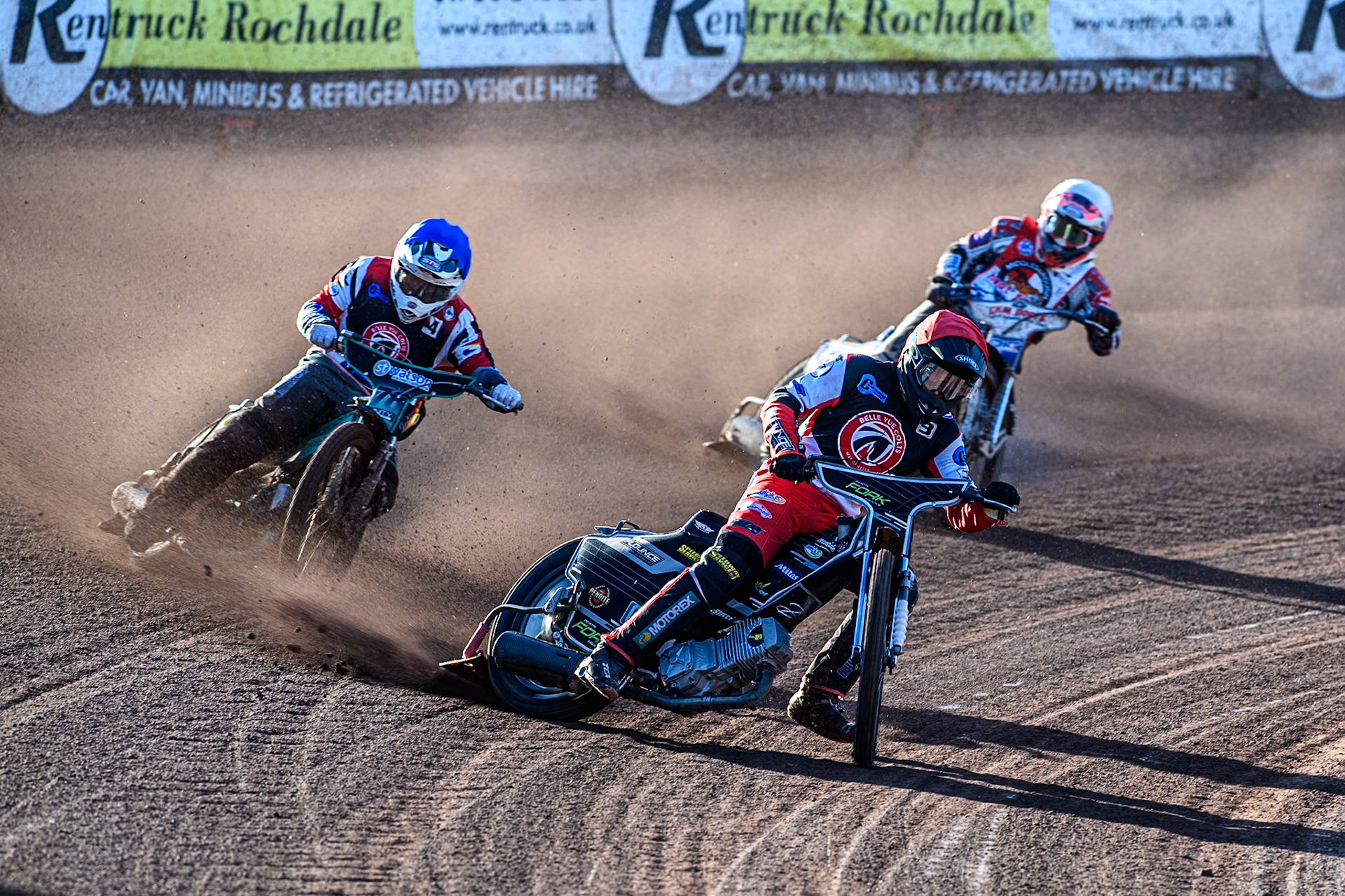 Belle Vue Colts' Matt Marson in Red leading team mate Belle Vue Colts' Guest rider Mason Watson in Blue and Middlesbrough Tigers' Danny Phillips in White during the WSRA National Development League match between Belle Vue Colts and Middlesbrough Tigers at the National Speedway Stadium, Manchester on Monday 17th June 2024. (Photo: Ian Charles | MI News)