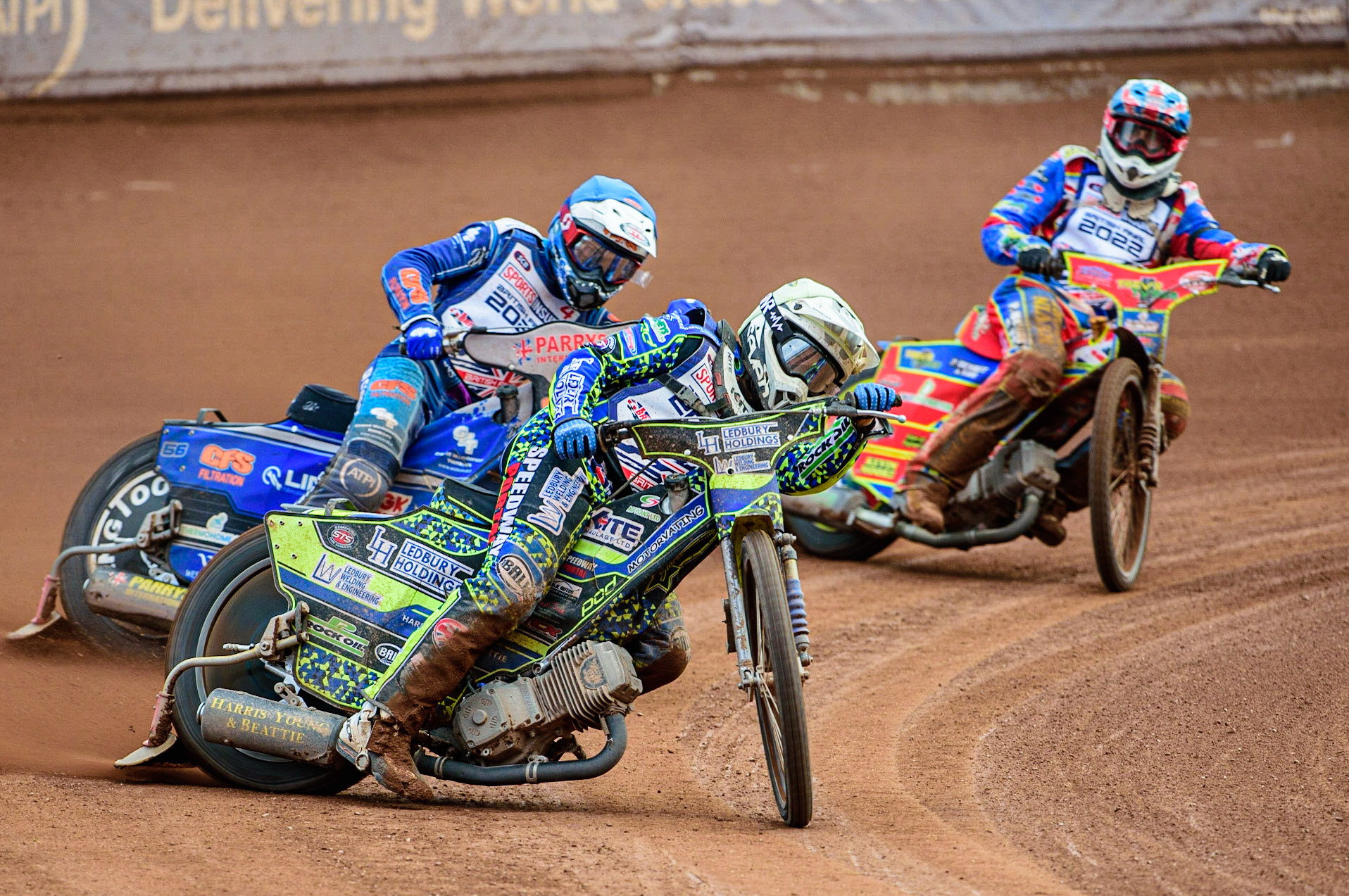 Paul Starke  (Yellow) leads Steve Worrall  (Blue) and Simon Lambert (White) during the Sports Insure British Speedway Final, at the National Speedway Stadium, Manchester, on Sunday 18th September 2022. (Credit: Ian Charles | MI News )
