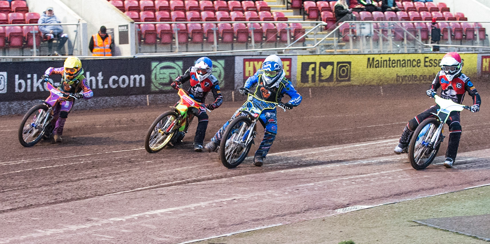 Photo: Ian Charles

(l-r) Elliot Kelly   (Yellow) Ben Woodhull   (Blue) Arran Butcher  (White) and Ben Rathbone  (Red) leave the start line

Belle Vue Colts v Mildenhall Fen Tigers, National League, Belle Vue National Speedway Stadium, Manchester, Monday 2  September  2019