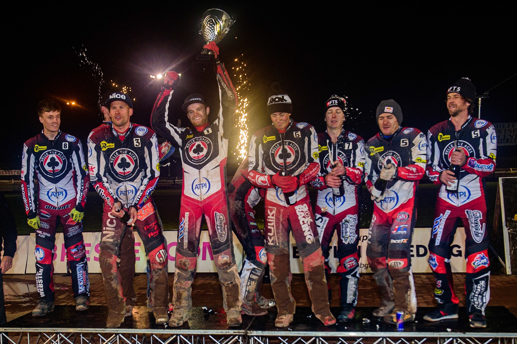 The Belle Vue ATPI Aces raise the trophy as Premiership Champions 2022 during the SGB Premiership Grand Final 2nd Leg between Sheffield Tigers and Belle Vue Aces at Owlerton Stadium, Sheffield on Thursday 13th October 2022. (Credit: Ian Charles | MI News)