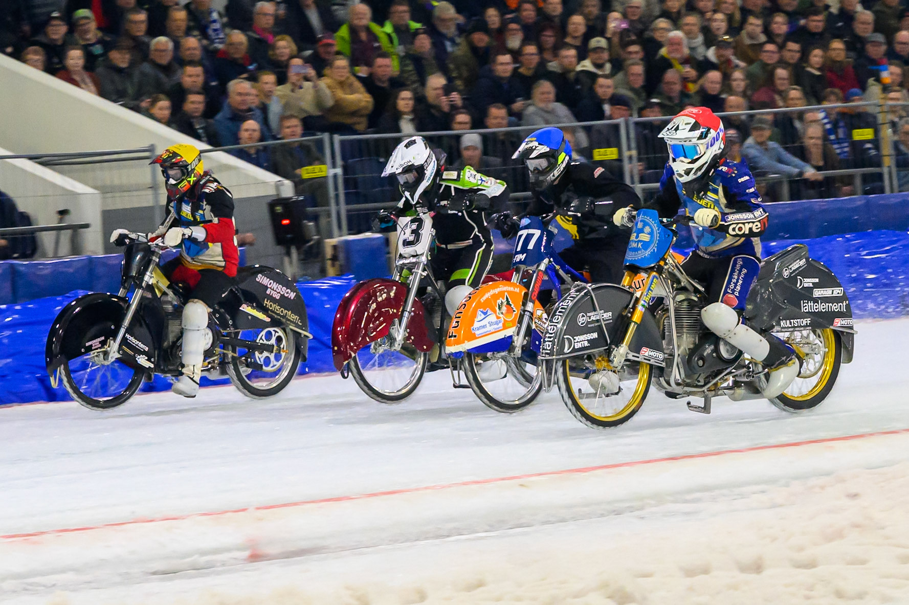 Heat 17 start: (L to R) Emil Lingvall of Sweden in Yellow, Arttu Lehtinen of Finland  in White, Leon Kramer of The Netherlands in Blue and Jimmy Hörnell of Sweden  in Red during the ROELOF THIJS BOKAAL at Ice Rink Thialf, Heerenveen on Friday 10th April 2026.  (Photo: Ian Charles | MI News)