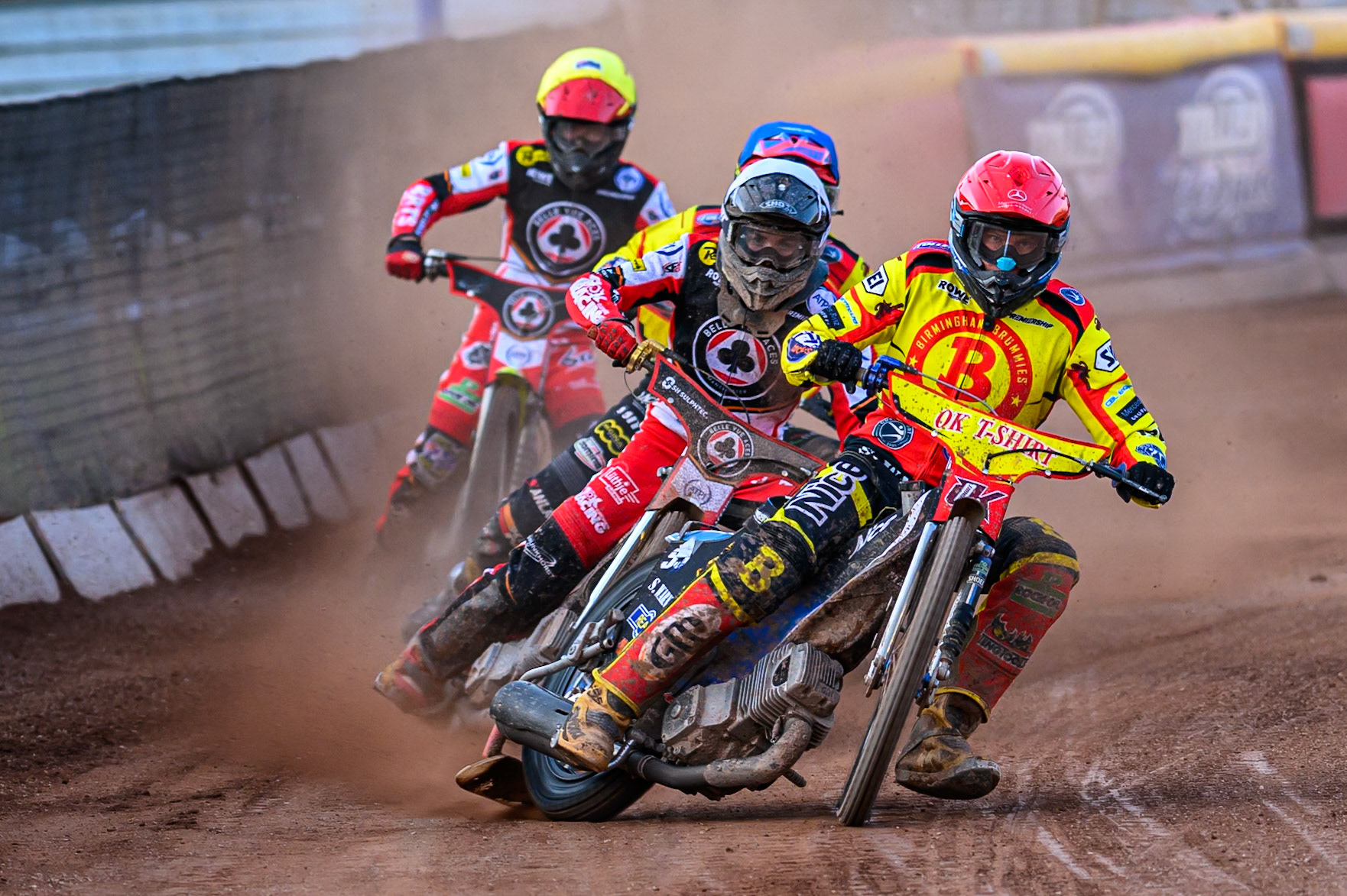 Birmingham Brummies' Matej Zagar in Red leading Belle Vue Aces' Norick Blodorn in White, Birmingham Brummies' Jonas Jeppesen in Blue and Belle Vue Aces' Tate Zischke in Yellow during the Rowe Motor Oil Premiership match between Birmingham Brummies and Belle Vue Aces at Perry Bar Stadium, Birmingham on Monday 2nd June 2025. (Photo: Ian Charles | MI News)