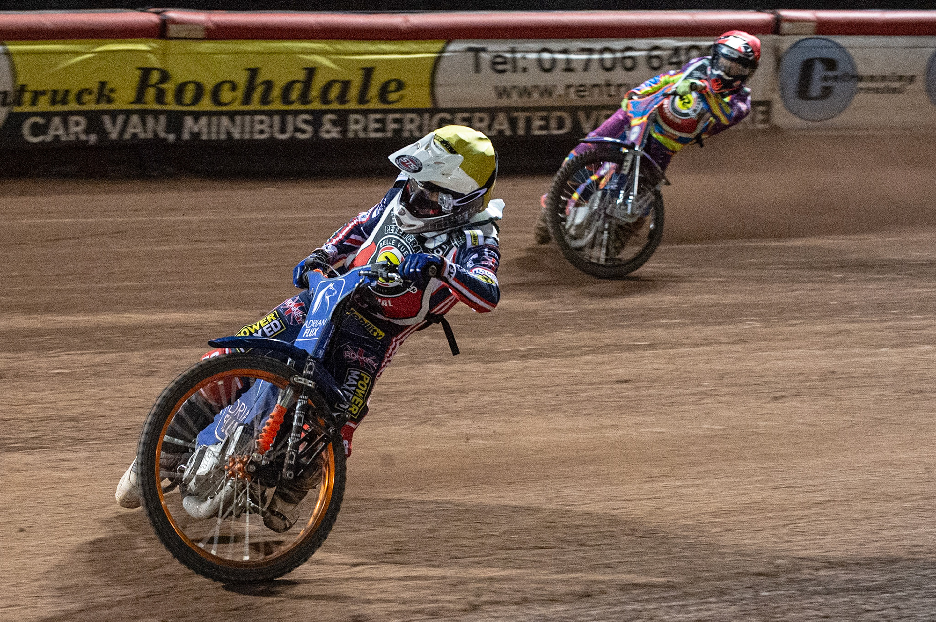 Photo: Ian CharlesLewis Kerr (Yellow) leads Rory Schlein (Red)Peter Craven Memorial Trophy, National Speedway Stadium, Manchester Thursday  22  October  2020