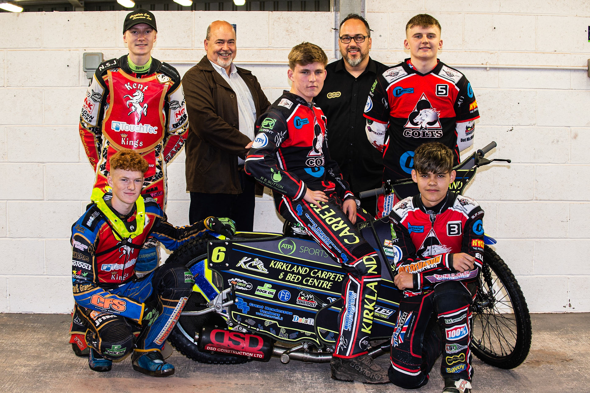 Photo: Ian Charles

The riders sponsored by Regina Chains at Belle Vue
(l-r) Drew Kemp, Don Elliott (regina Chains), Kyle Bickley, Mark Turner (Regina Chains), Leon Flint 
Kneeling: Anders Rowe, Jordan Palin 

Belle Vue Colts v Kent Kings, SGB National League, Belle Vue National Speedway Stadium, Manchester, Thursday 1  August  2019