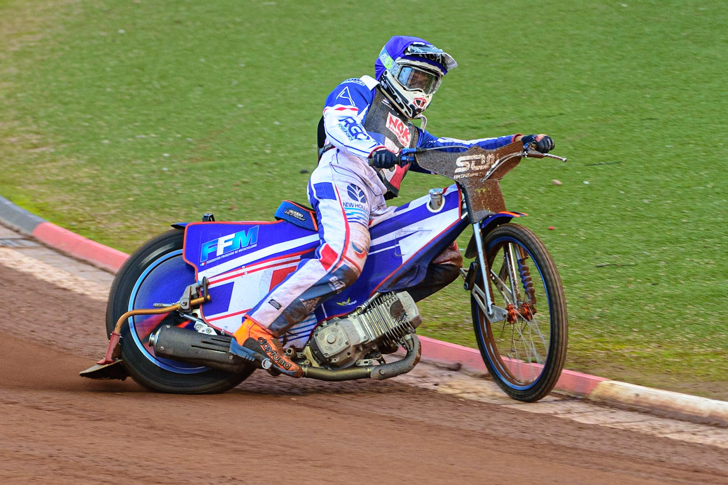 MANCHESTER, UK. OCT 16TH Dmitri Berge of France tries the inside line during the Monster Energy FIM Speedway of Nations at the National Speedway Stadium, Manchester on Saturday  16th October 2021. (Credit: Ian Charles | MI News)