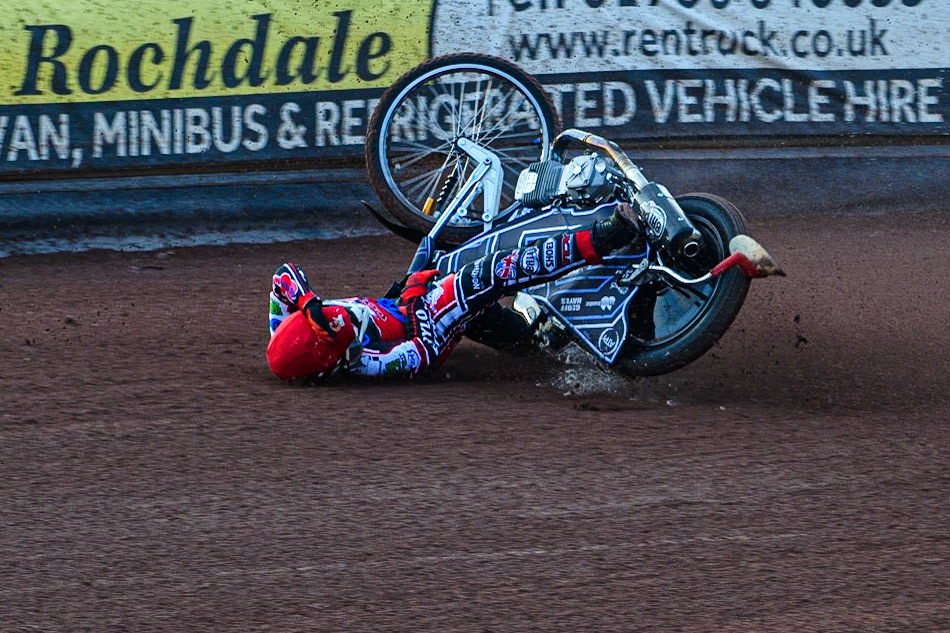 MANCHESTER, UK. JULY 23RD Sam McGurk   spins off during the National Development League match between Belle Vue Colts and Eastbourne Seagulls at the National Speedway Stadium, Manchester on Friday 23rd July 2021. (Credit: Ian Charles | MI News)