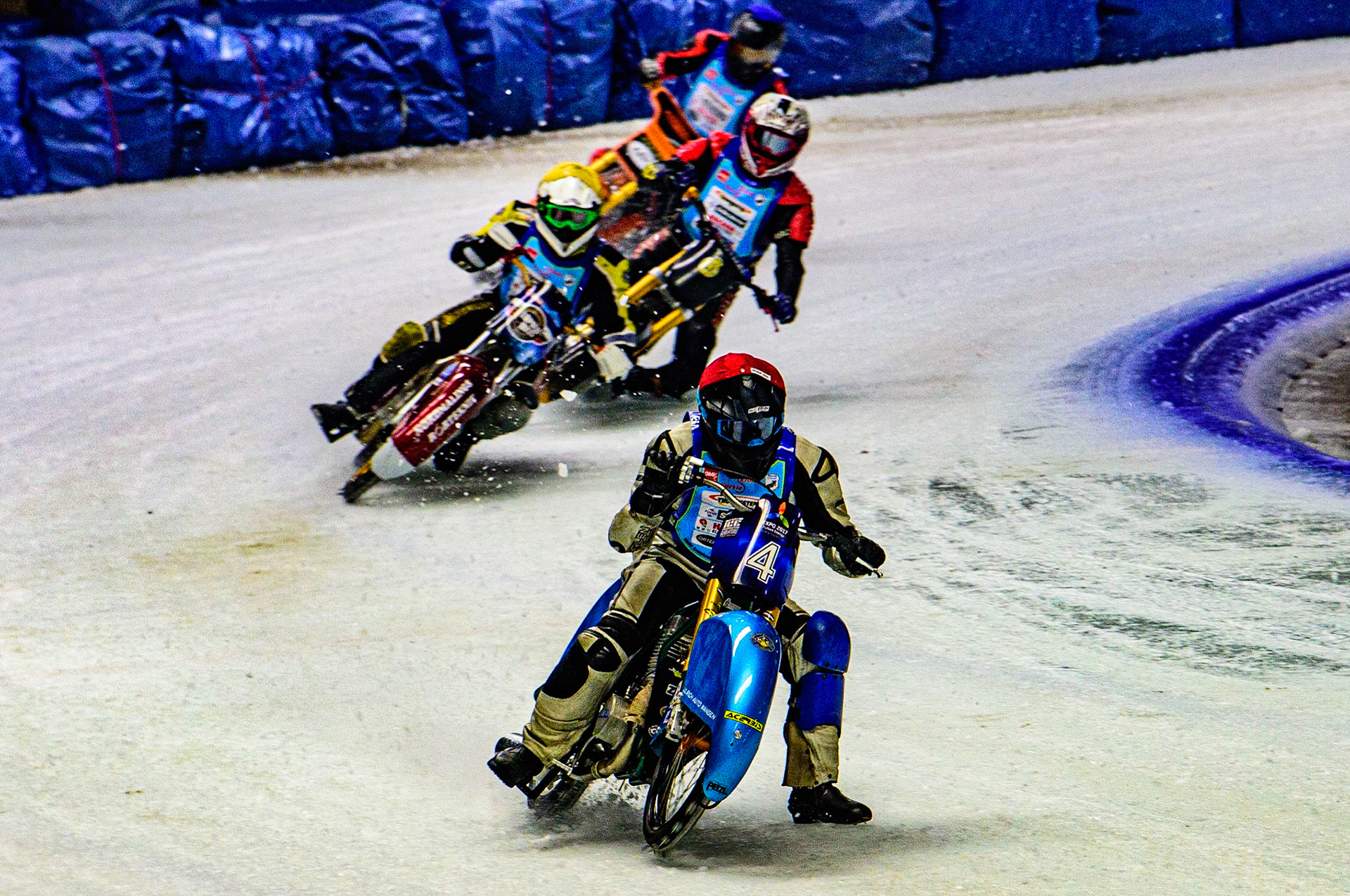 Beat Dobler (Red) leads Ulf Ledström (Yellow) Franz Mayerbuchler Snr (White) and Jouni Seppänen (Blue) during the Race of Legends at the Max-Aicher-Arena, Inzell on Friday 17th March 2023. (Photo: Ian Charles | MI News)