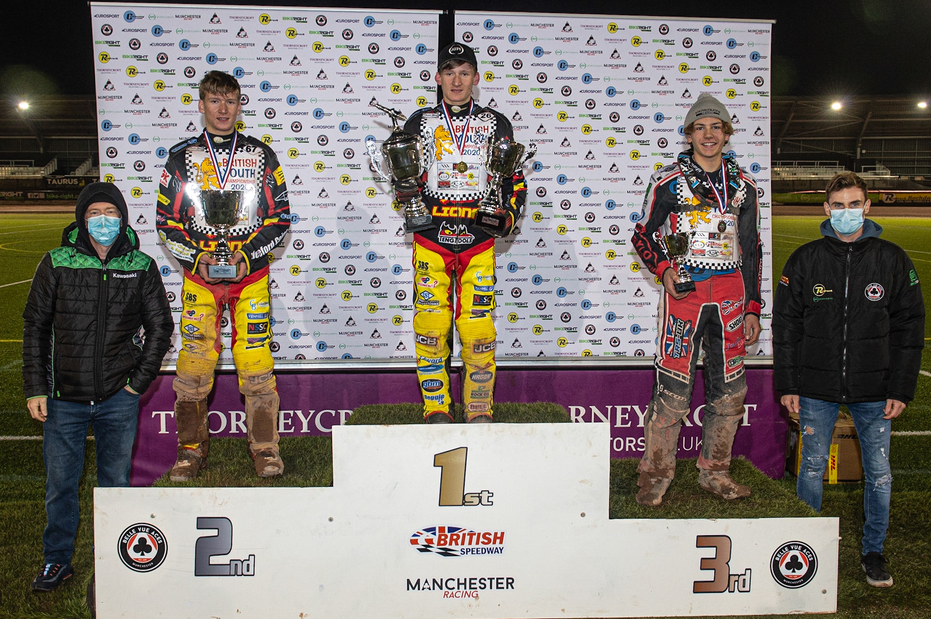 Photo: Ian Charles500cc Series Top 3:(l-r) Jason Crump, Joe Thompson (2nd), Dan Thompson (1st), Harry McGurk (3rd), Steve WorrallBritish Youth Speedway Championship (Round 5), National Speedway Stadium, Manchester Saturday  10  October  2020
