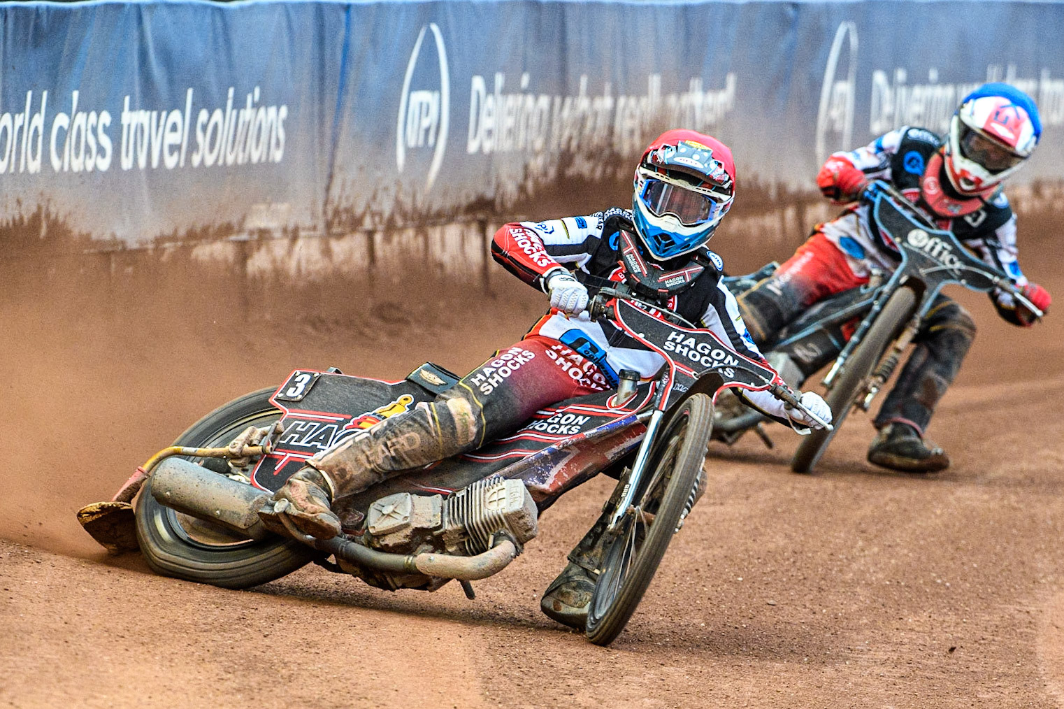 Sam Hagon (Red) leads team mate Freddy Hodder (Blue) during the National Development League match between Belle Vue Colts and Edinburgh Monarchs Academy at the National Speedway Stadium, Manchester on Friday 21st July 2023. (Photo: Ian Charles | MI News)