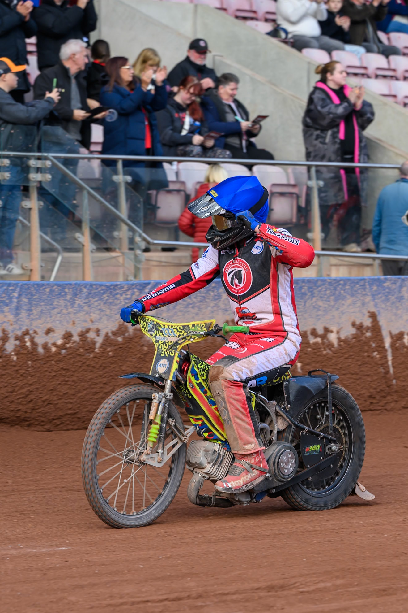 Belle Vue Colts' William Cairns waves to the fans after his final home meeting of the season during the WSRA National Development League match between Belle Vue Aces and Edinburgh Academy at the National Speedway Stadium, Manchester on Sunday 12th October 2025. (Photo: Ian Charles | MI News)