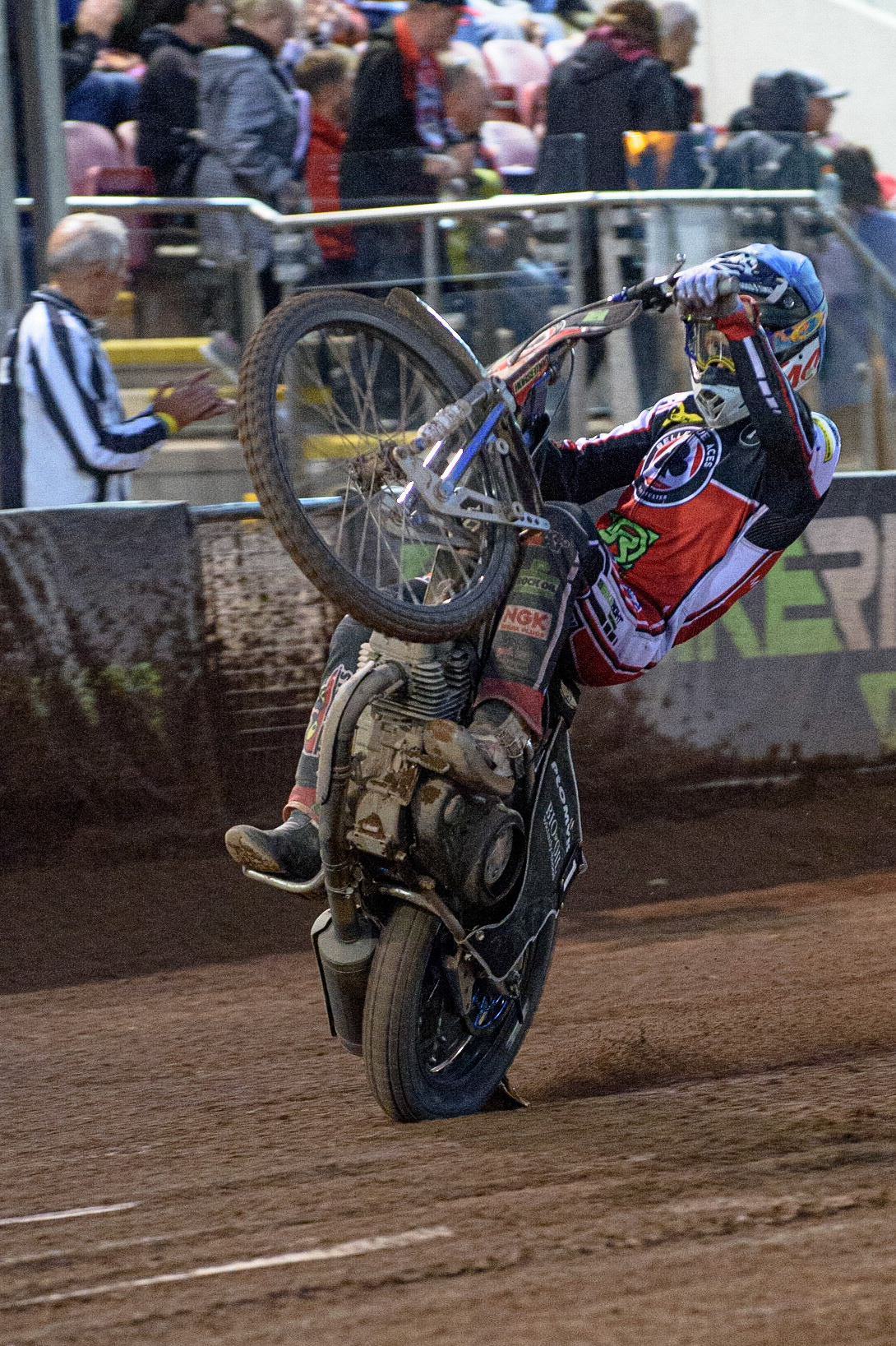 MANCHESTER, UK. AUG 9TH  Dan Bewley  wheelies during the SGB Premiership match between Belle Vue Aces and Peterborough at the National Speedway Stadium, Manchester on Monday 9th August 2021. (Credit: Ian Charles | MI News)