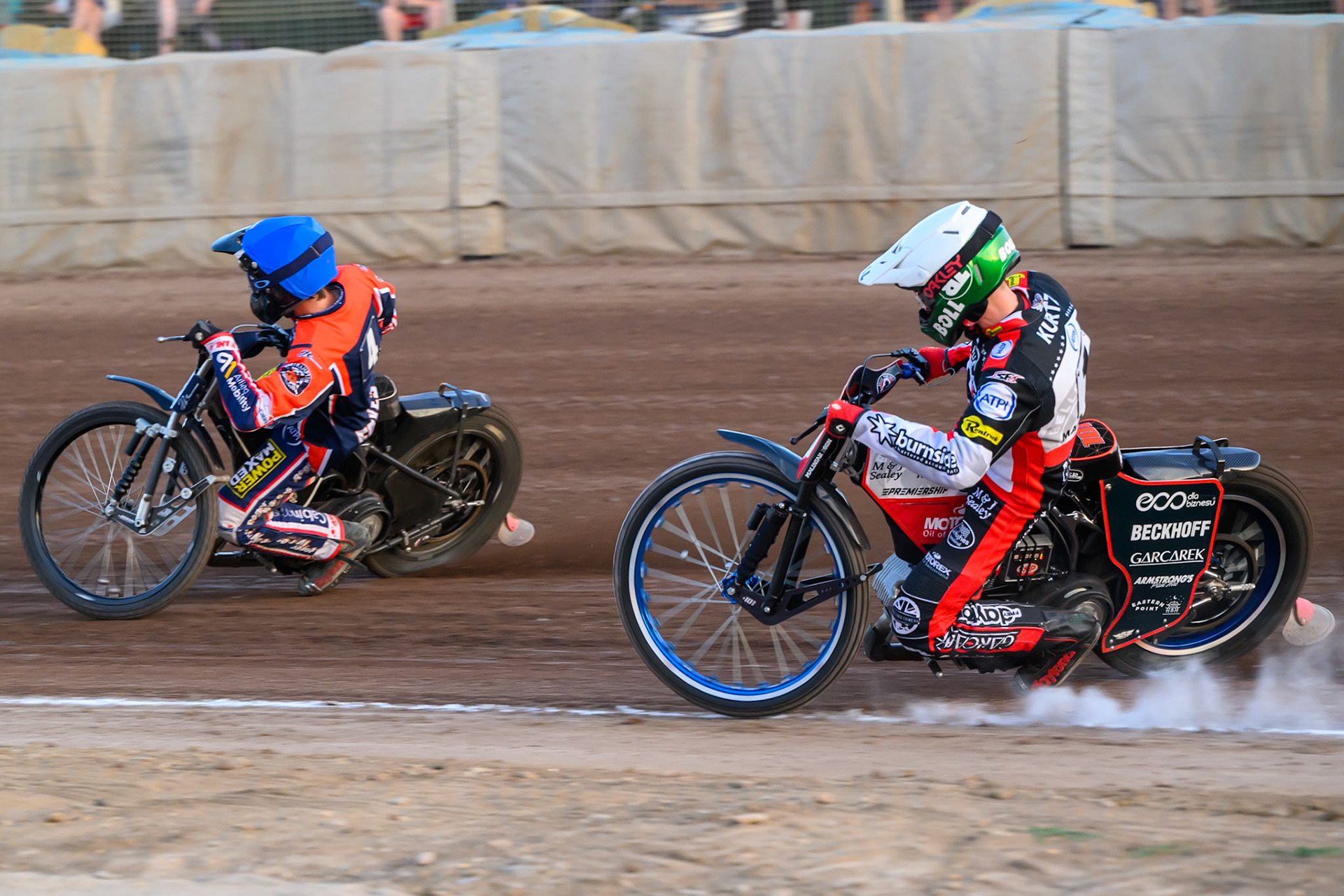 Adam Ellis of Northampton Foxes  in Blue leading Brady Kurtz of Belle Vue Aces  in White during the Rowe Motor Oil Premiership match between Northampton Foxes and Belle Vue Aces at Northampton International Shaleway, Northampton on Thursday 13th August 2026. (Photo: Ian Charles | MI News)