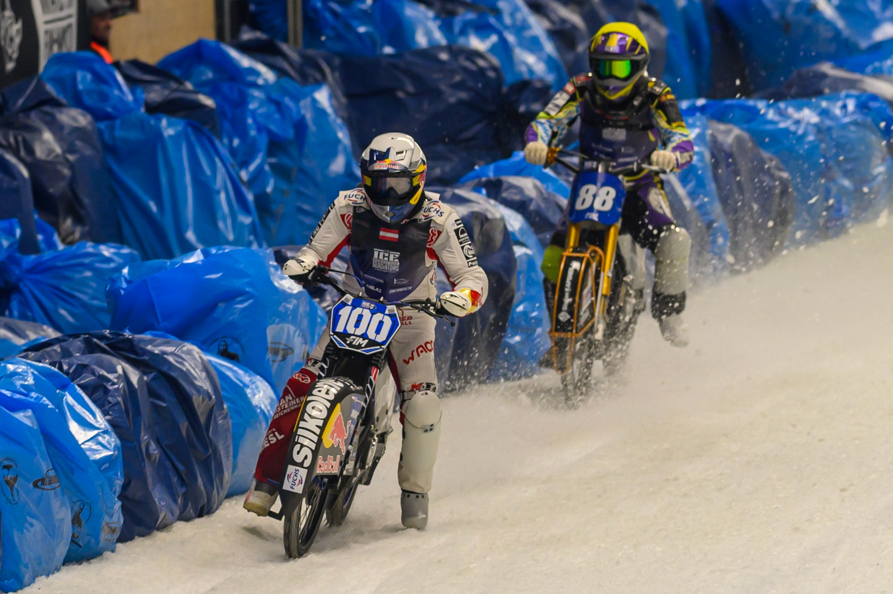 Franz Zorn (100) of Austria in White leading Max Niedermaier (88) of Germany in Yellow during the Ice Speedway Gladiators World Championship Final 2 at Max-Aicher-Arena, Inzell on Sunday 15th March 2026. (Photo: Ian Charles | MI News)
