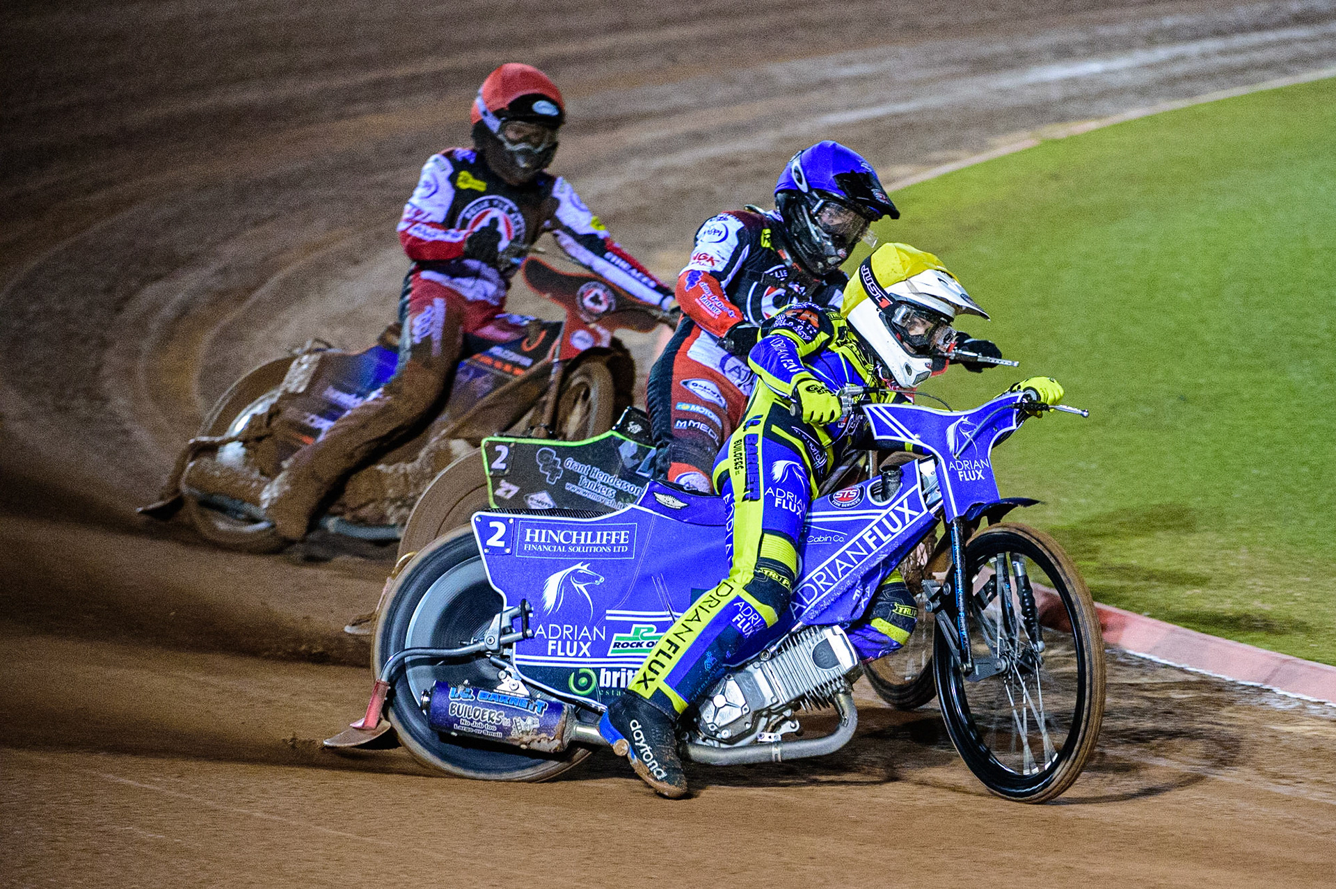 Lewis Kerr  (Yellow) leads Tom Brennan  (Blue) and Brady Kurtz  (Red) during the SGB Premiership Grand Final 1st leg between Belle Vue Aces and Sheffield Tigers at the National Speedway Stadium, Manchester on Monday 10th October 2022. (Credit: Ian Charles | MI News)