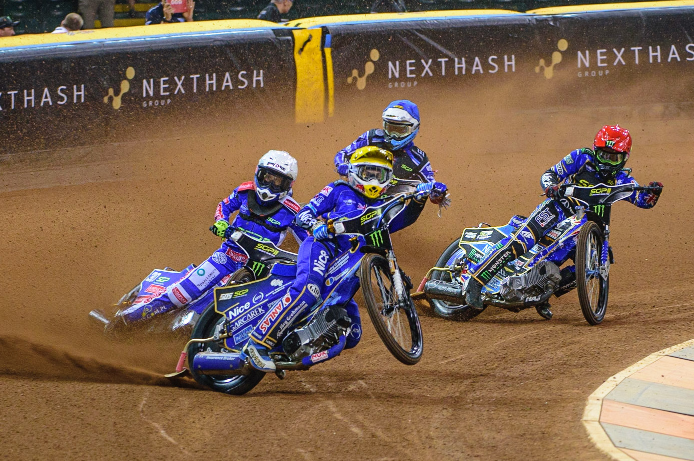 Robert Lambert (505) (Yellow) picks up some drive ahead of Jack Holder (25) (Red), Leon Madsen (30) (White) and Adam Ellis (16) (Blue) during the FIM  Speedway Grand Prix of Great Britain at the Principality Stadium, Cardiff on Saturday 13th August 2022. (Credit: Ian Charles | MI News