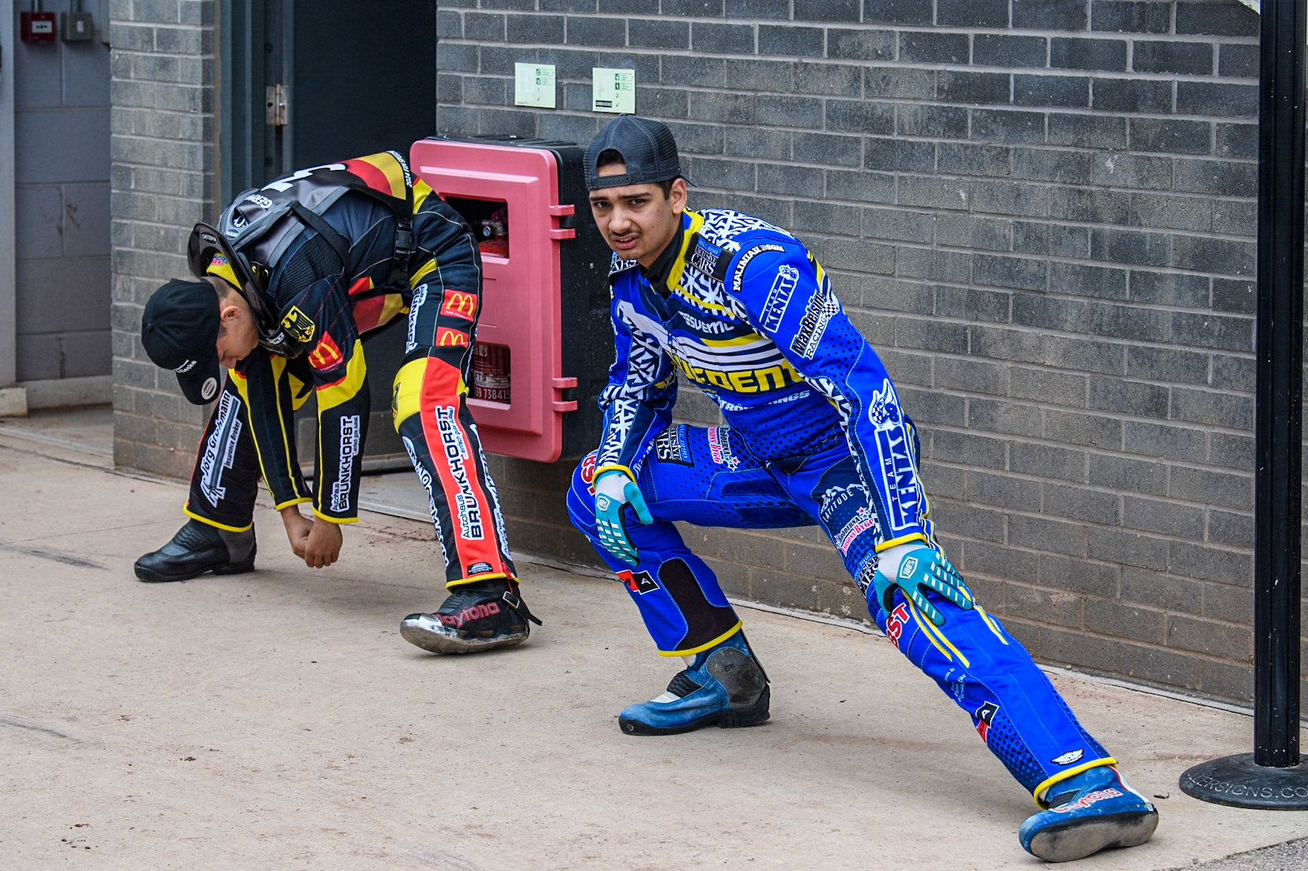 Patrick Hyjek of Germany (Left) and Philip Hellström-Bängs of Sweden warm up before practice during the Monster Energy FIM Speedway of Nations 2 (Under 21) Final at the National Speedway Stadium, Manchester on Friday 12th July 2024. (Photo: Ian Charles | MI News)