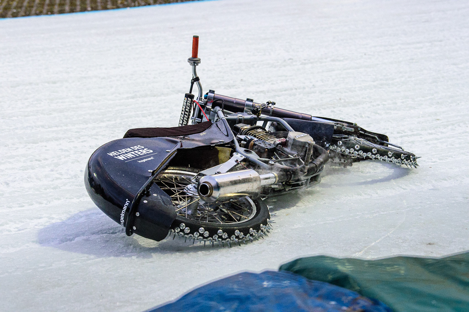 Reinhard Greisel’s bike after his fall during the German Individual Ice Speedway Championship at Horst-Dohm-Eisstadion, Berlin on Friday 3rd March 2023. (Photo: Ian Charles | MI News)