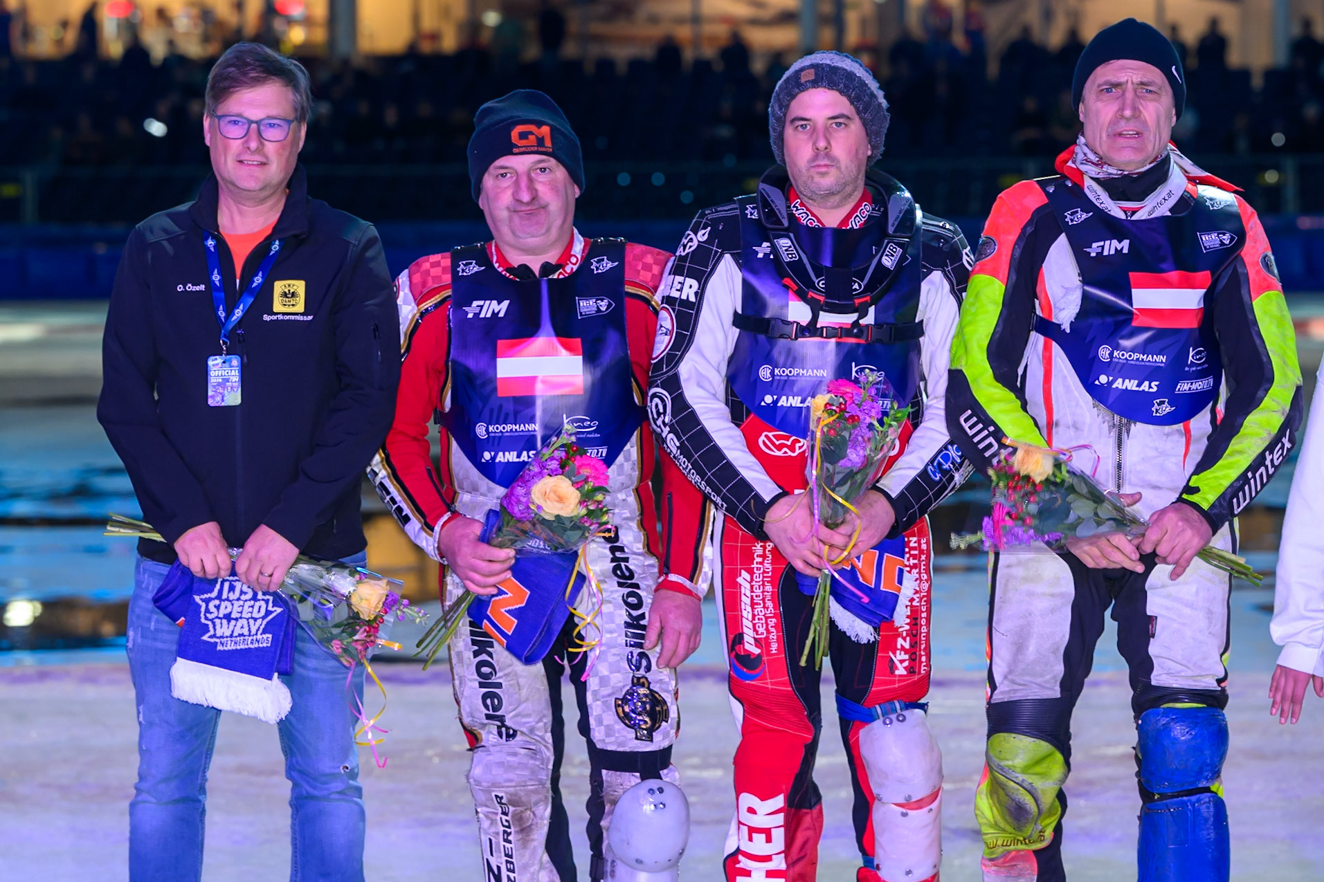 Austria: (L to R) Oliver Özeit, Team Manager of Austria, Josef Kreuzberger, Martin Posch, Harald Simon during the FIM Ice Speedway Of Nations at Ice Rink Thialf, Heerenveen on Sunday 12th April 2026. (Photo: Ian Charles | MI News)