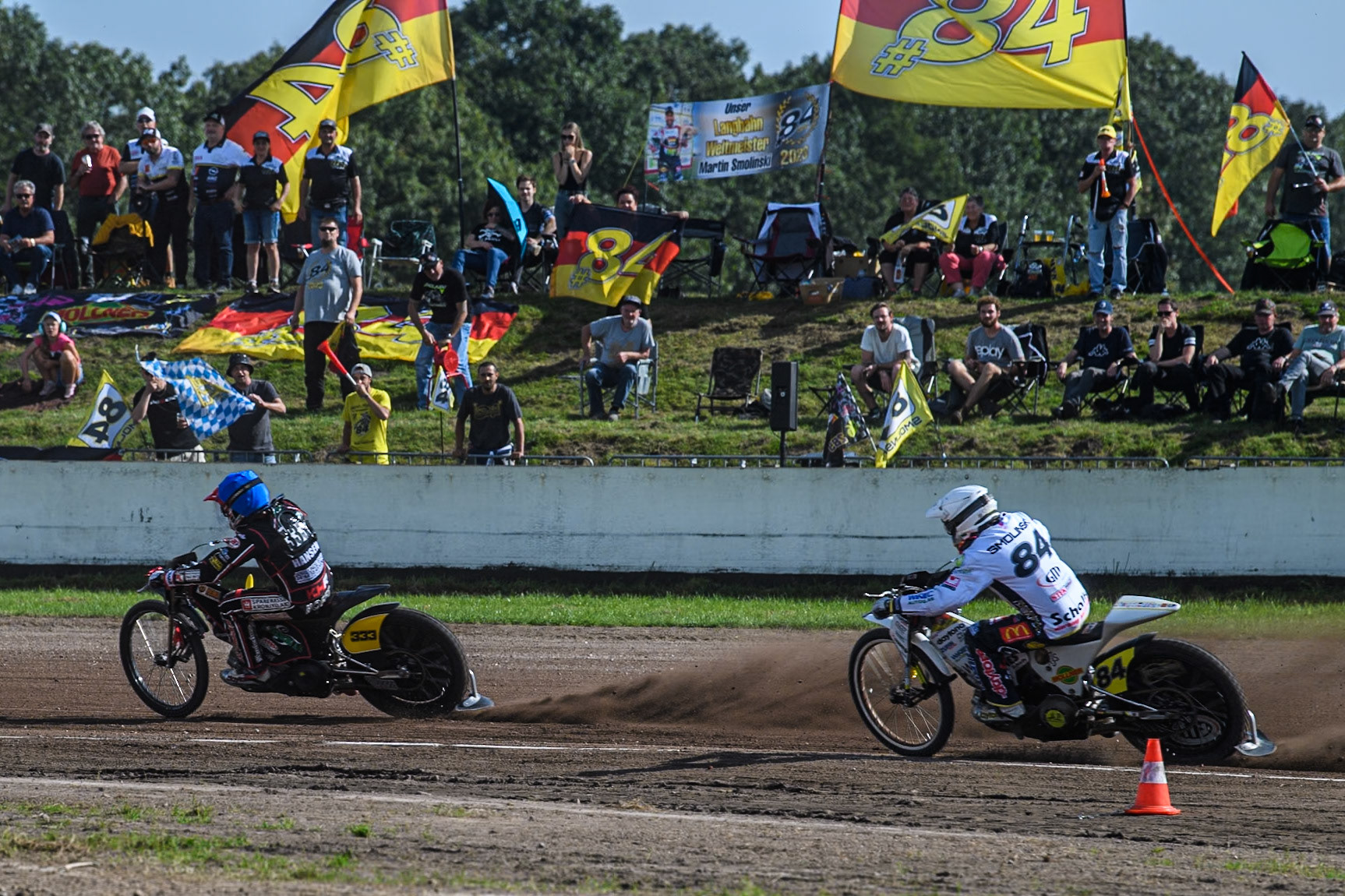 Kenneth Kruse Hansen (333) of Denmark in Blue leading Martin Smolinski (84) of Germany in White during the FIM Long Track World Championship Final 5 at the Speed Centre Roden, Roden, Netherlands on Sunday 22nd September 2024. (Photo: Ian Charles | MI News)