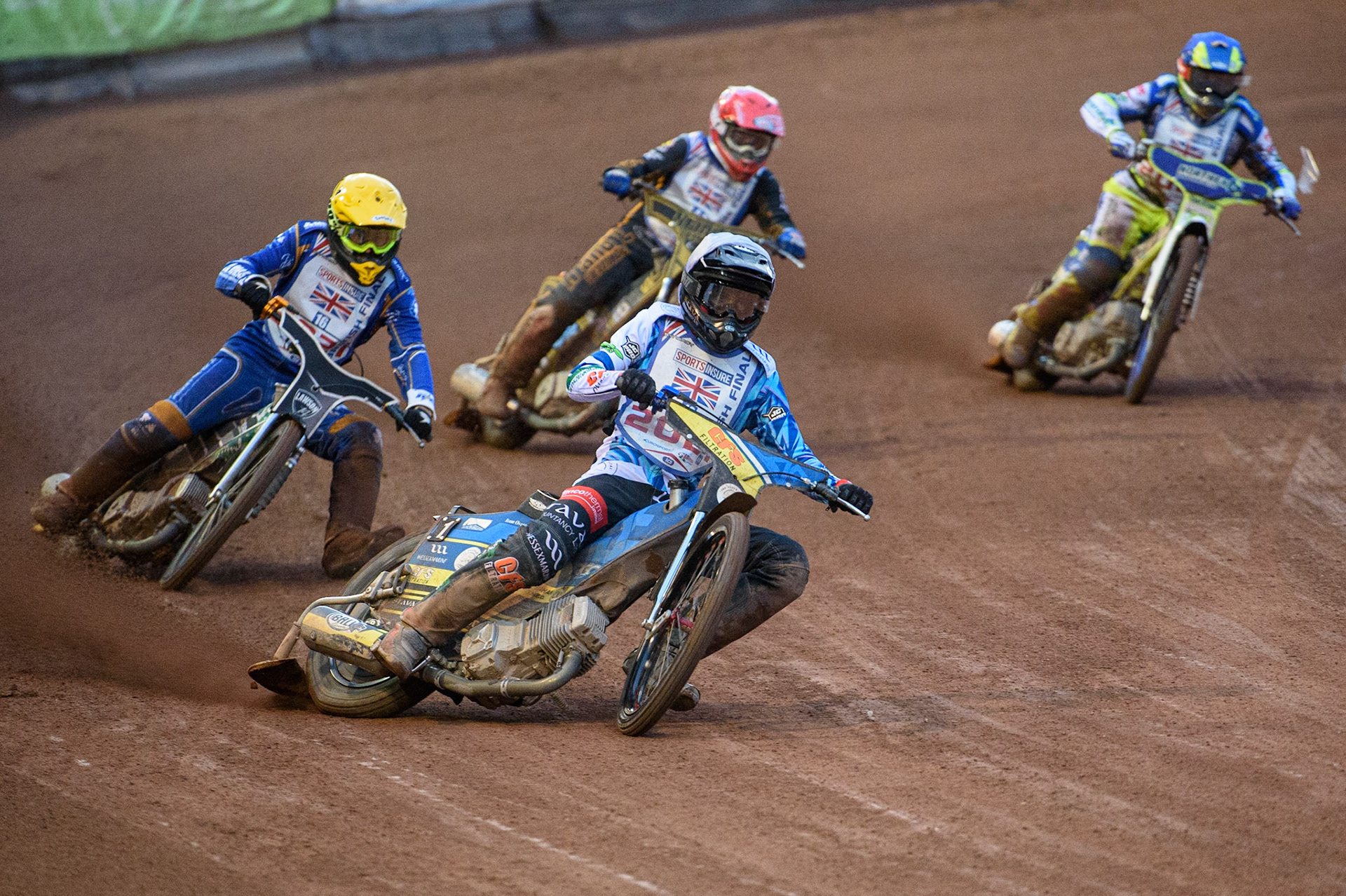 MANCHESTER, UK. AUGUST 16TH   Adam Ellis  (White) leads Richard Lawson. (Yellow), with Ben Barker  (Red) and Chris Harris  (Blue) behind during the Sports Insure British Speedway Finals at the National Speedway Stadium, Manchester on Monday 16th August 2021. (Credit: Ian Charles | MI News)