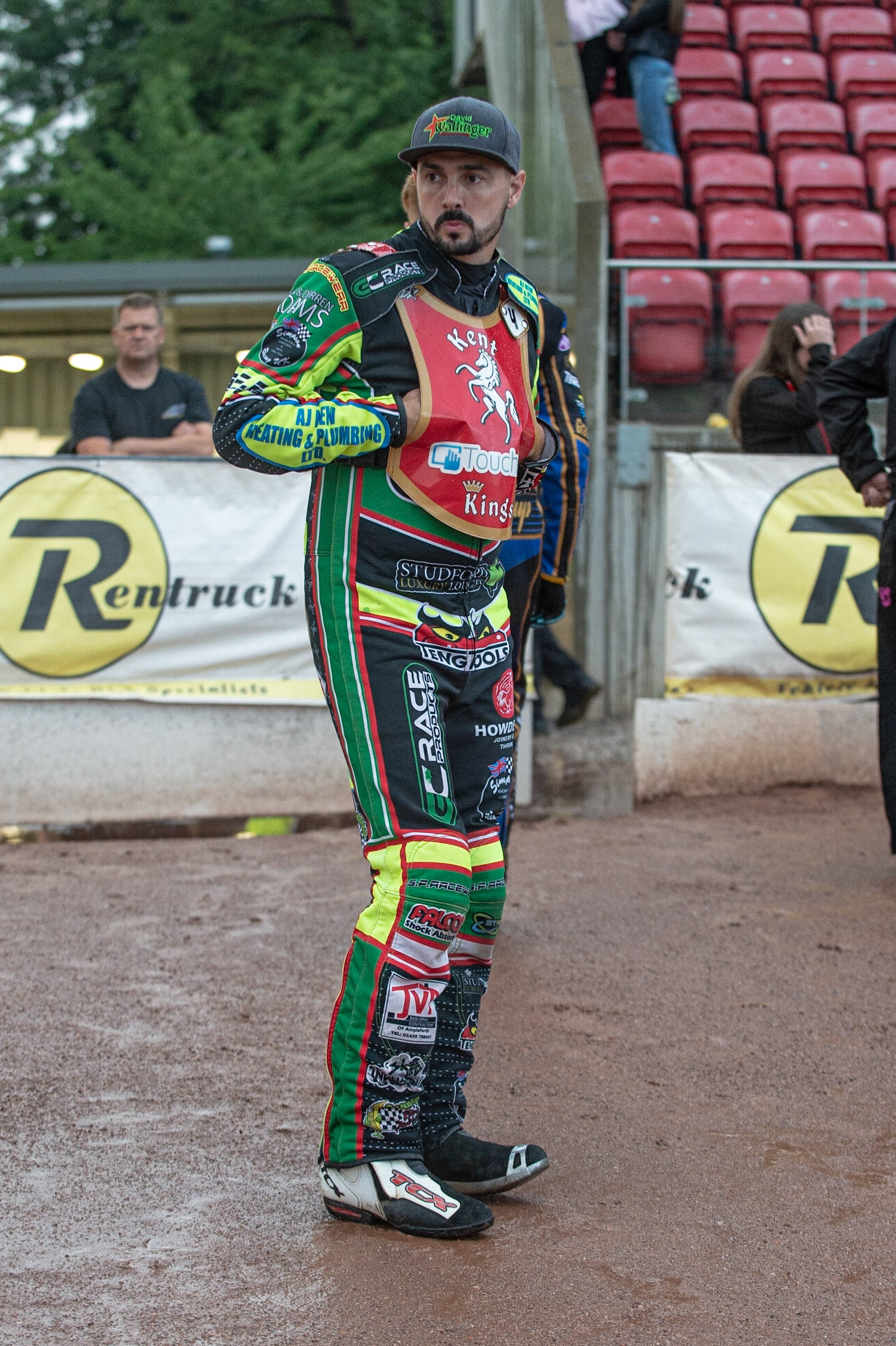 Photo: Ian Charles

David Wallinger checks out the track after the downpour

Belle Vue Colts v Kent Kings, SGB National League, Belle Vue National Speedway Stadium, Manchester, Thursday 1  August  2019