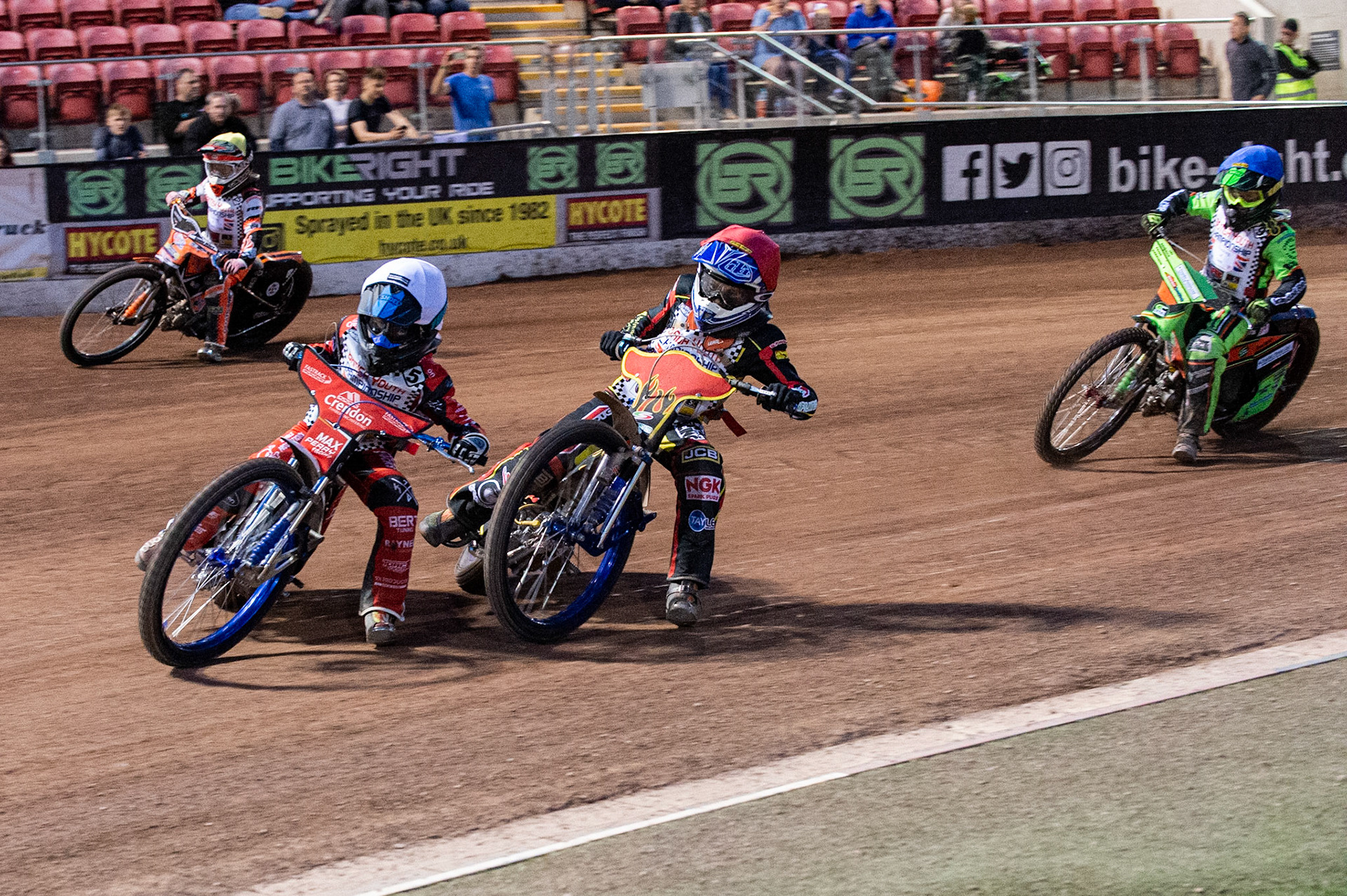 Photo: Ian Charles

Max Perry (White) leads Max James (Red) Ben Trigger (Yellow) and Luke Harrison (Blue)

Summer Speed Saturday & British Youth Speedway Championship Round 5, National Speedway Stadium, Manchester, Saturday 22 June 2019