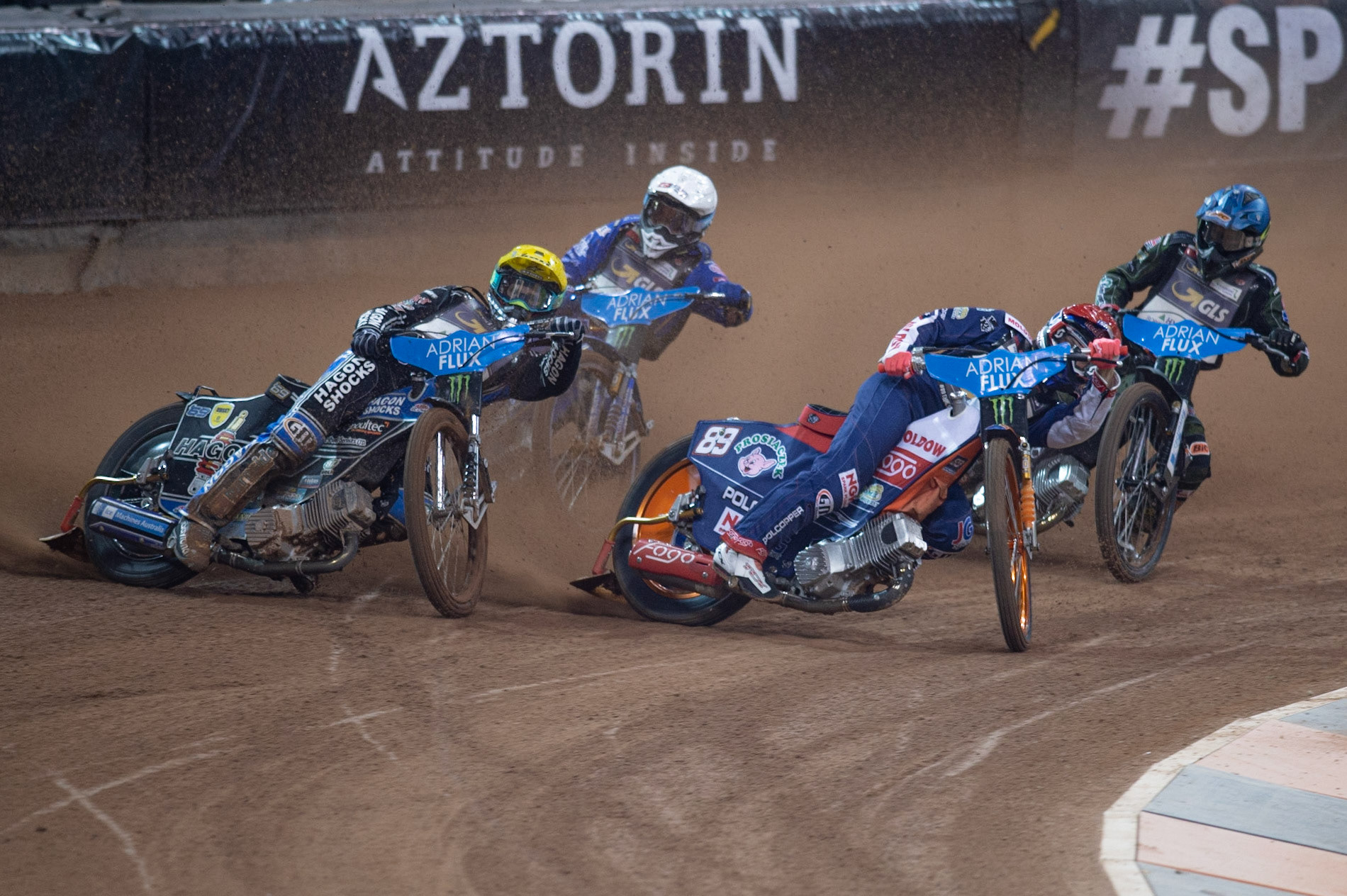 CARDIFF,WALES  Emil Saijfutdinov (Red) inside Jason Doyle (Yellow) with Janus Kolodziej (Blue) and Bartoz Zmarzlik (White) behind during the ADRIAN FLUX BRITISH FIM SPEEDWAY GRAND PRIX at the Principality Stadium, Cardiff on Saturday 21st September 2019. (Credit: Ian Charles | MI News)