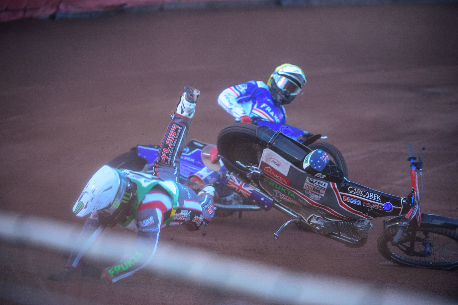 Chris Holder (Australia) (White) starts to spin in front of Max Fricke (Australia) (Red) as David Bellego (France) (Yellow) is given no place to go during the FIM Speedway Grand Prix Challenge at the Peugeot Ashfield Stadium, Glasgow on Saturday 20th August 2022. (Credit: Ian Charles | MI News)