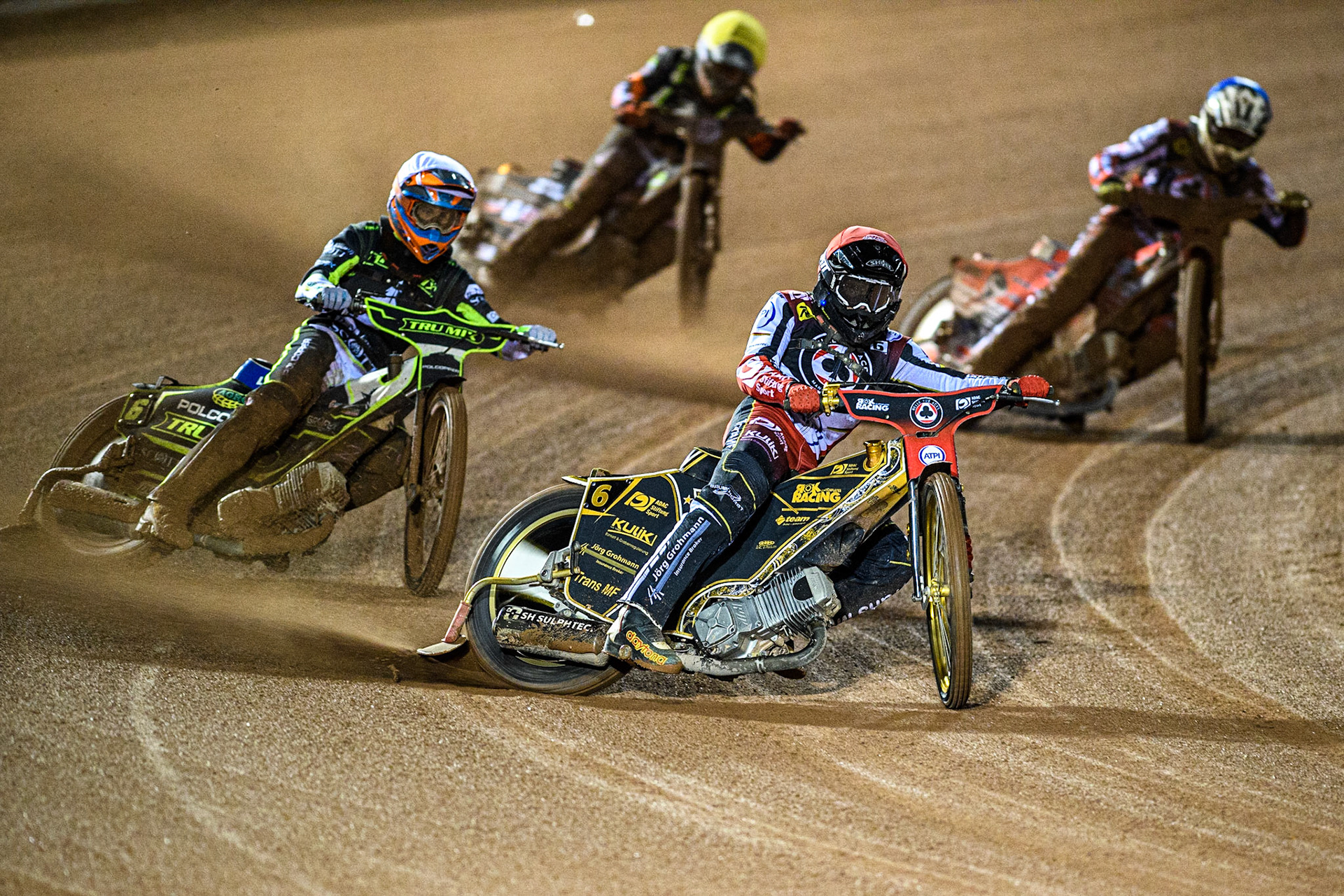 Norick Blodorn (Red) leads  Keynan Rew (White), Connor Bailey (Blue) and Jack Smith (Yellow) during the Sports Insure Premiership Semi Final Playoff 2nd leg match between Belle Vue Aces and Ipswich Witches at the National Speedway Stadium, Manchester on Monday 25th September 2023. (Photo: Ian Charles | MI News)