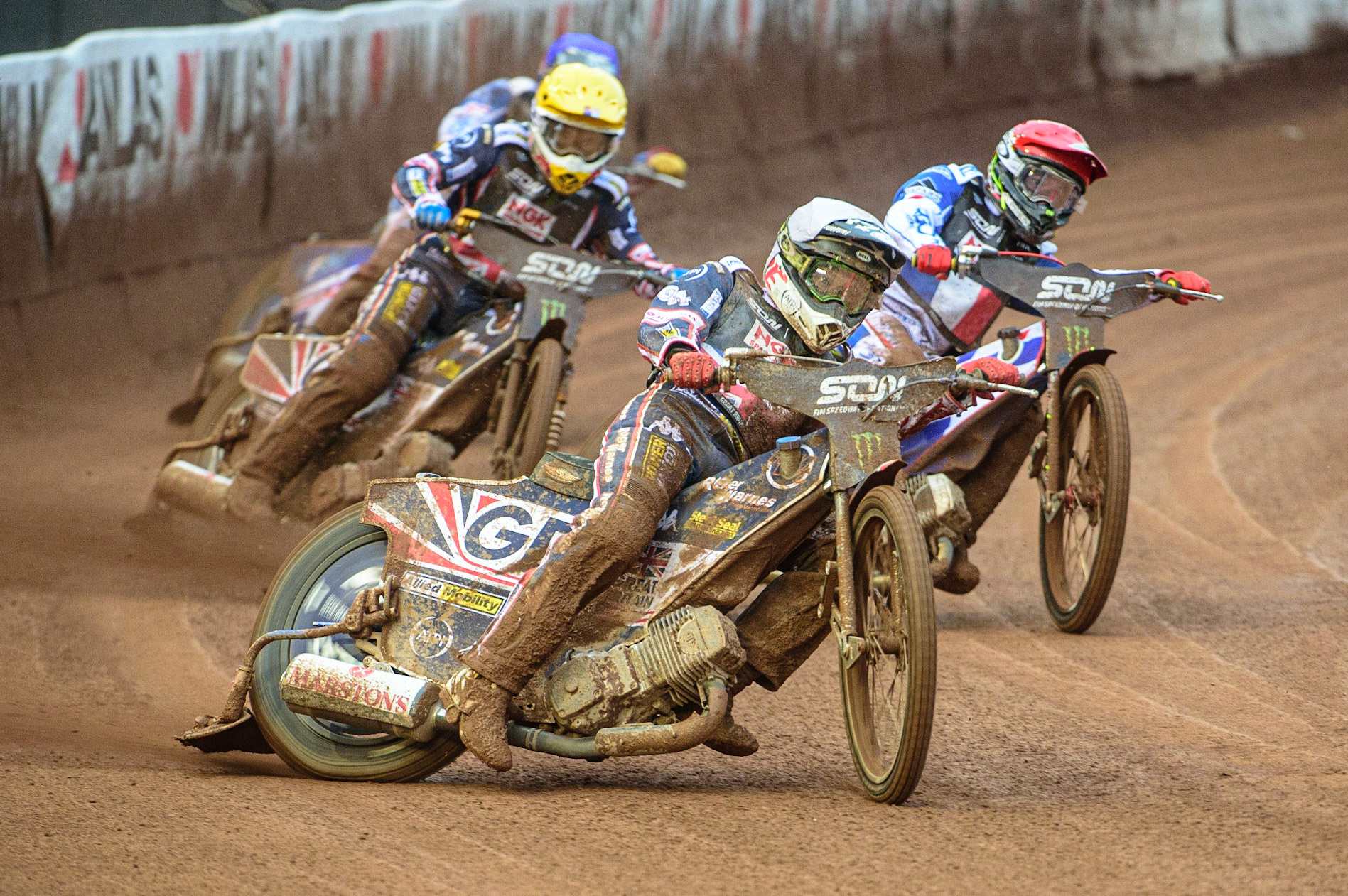 MANCHESTER, UK. OCT 17TH Dan Bewley of Great Britain (White) leads David Bellego of France (Red) Robert Lambert of Great Britain (Yellow) and Dmitri Berge of France (Blue) during the Monster Energy FIM Speedway of Nations at the National Speedway Stadium, Manchester on Sunday  17th October 2021. (Credit: Ian Charles | MI News)