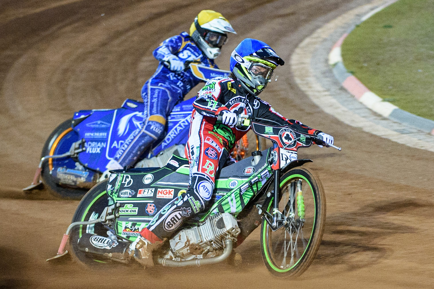 MANCHESTER, UK. SEPT 13TH  Charles Wright  (Blue) leads Lewis Kerr  (Yellow) during the SGB Premiership match between Belle Vue Aces and King's Lynn Stars at the National Speedway Stadium, Manchester on Monday 13th September 2021. (Credit: Ian Charles | MI News)