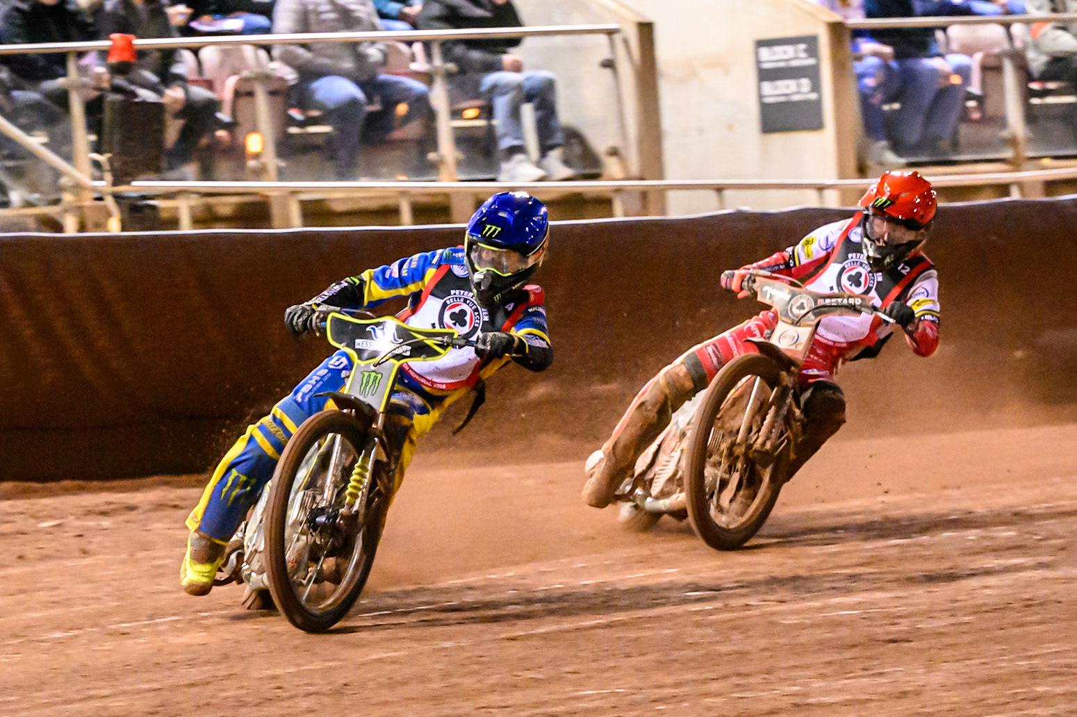 Chris Holder of Australia in Blue leading Dan Bewley of Great Britain  during the six rider final during the Peter Craven Memorial Trophy at the National Speedway Stadium, Manchester, on Monday 16th March 2026. (Photo: Ian Charles | MI News)