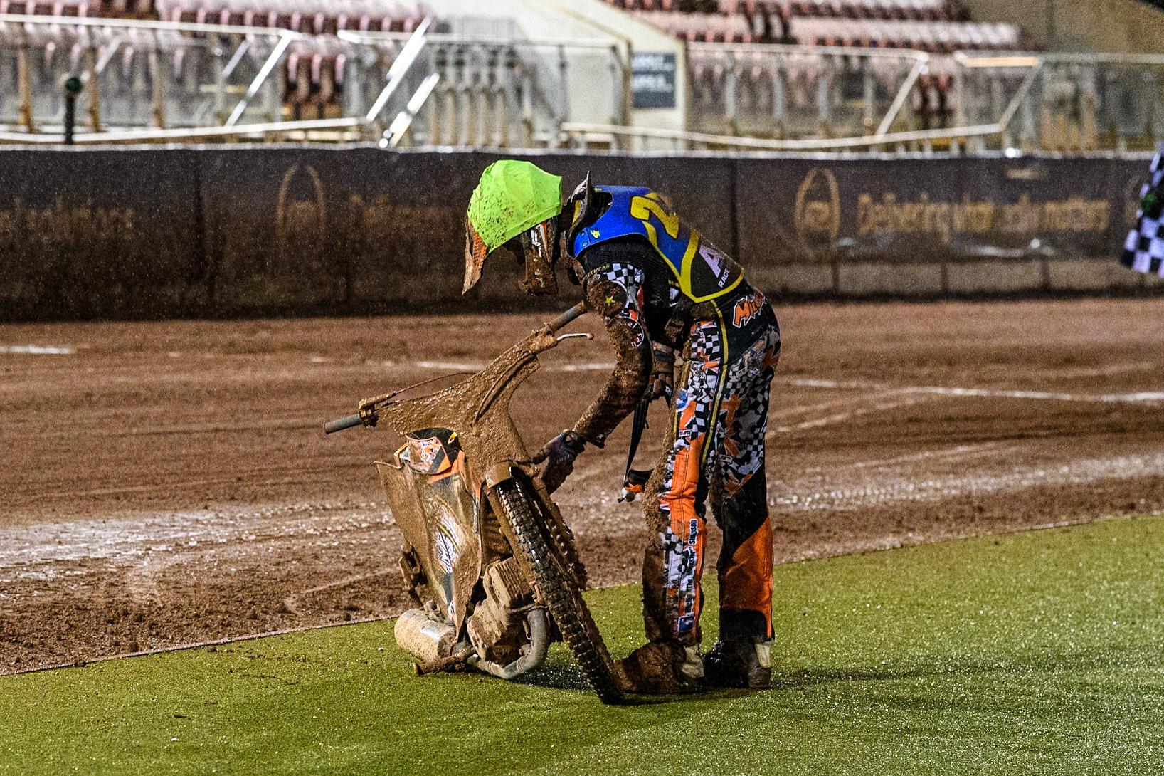Sheffield Cubs' Mickie Simpson checks his bike after his mechanical retirement during the WSRA National Development League match between Belle Vue Colts and Sheffield Tiger Cubs at the National Speedway Stadium, Manchester on Monday 7th October 2024. (Photo: Ian Charles | MI News)