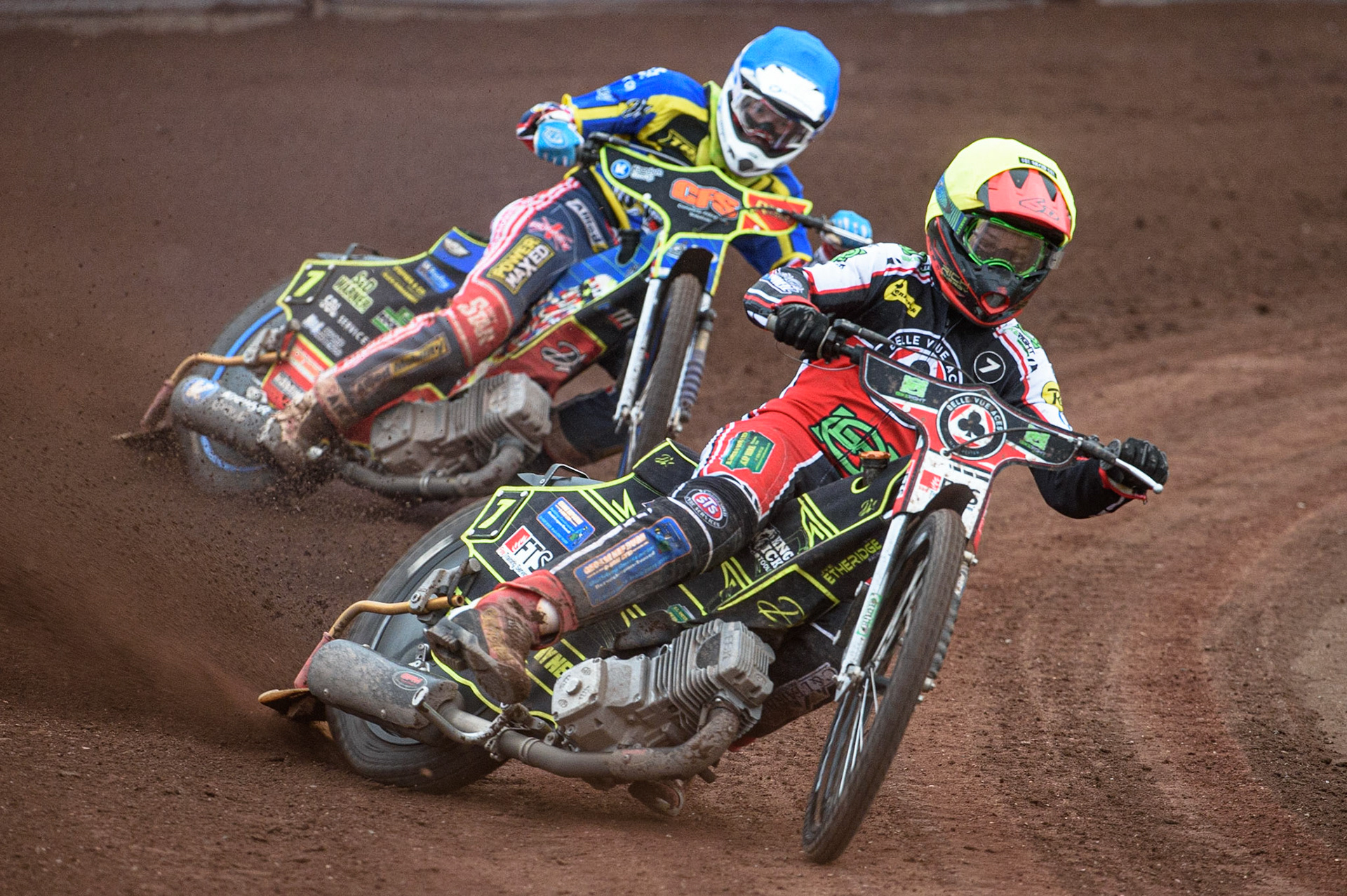 SHEFFIELD, UK. JULY 1ST     Jye Etheridge (Yellow) leads Sheffield TruPlant Tigers  guest rider Anders Rowe  (Blue) during the SGB Premiership match between Sheffield Tigers and Belle Vue Aces at Owlerton Stadium, Sheffield on Thursday 1st July 2021. (Credit: Ian Charles | MI News)