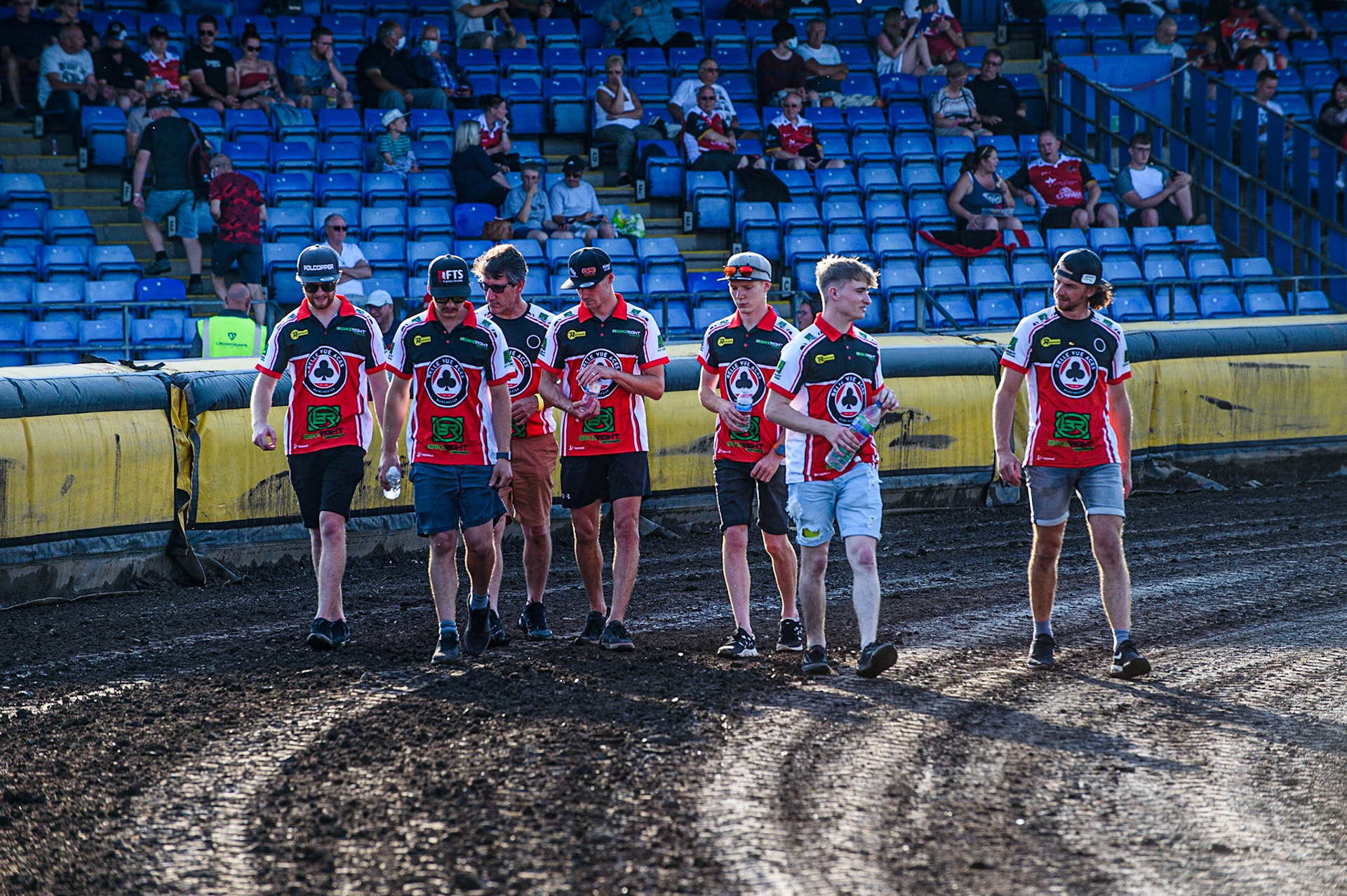 PETERBOROUGH, UK. JULY 19TH   The Belle Vue BikeRight Aces riders on their pre meeting track walk during the SGB Premiership match between Peterborough and Belle Vue Aces at East of England Showground, Peterborough on Monday 19th July 2021. (Credit: Ian Charles | MI News)