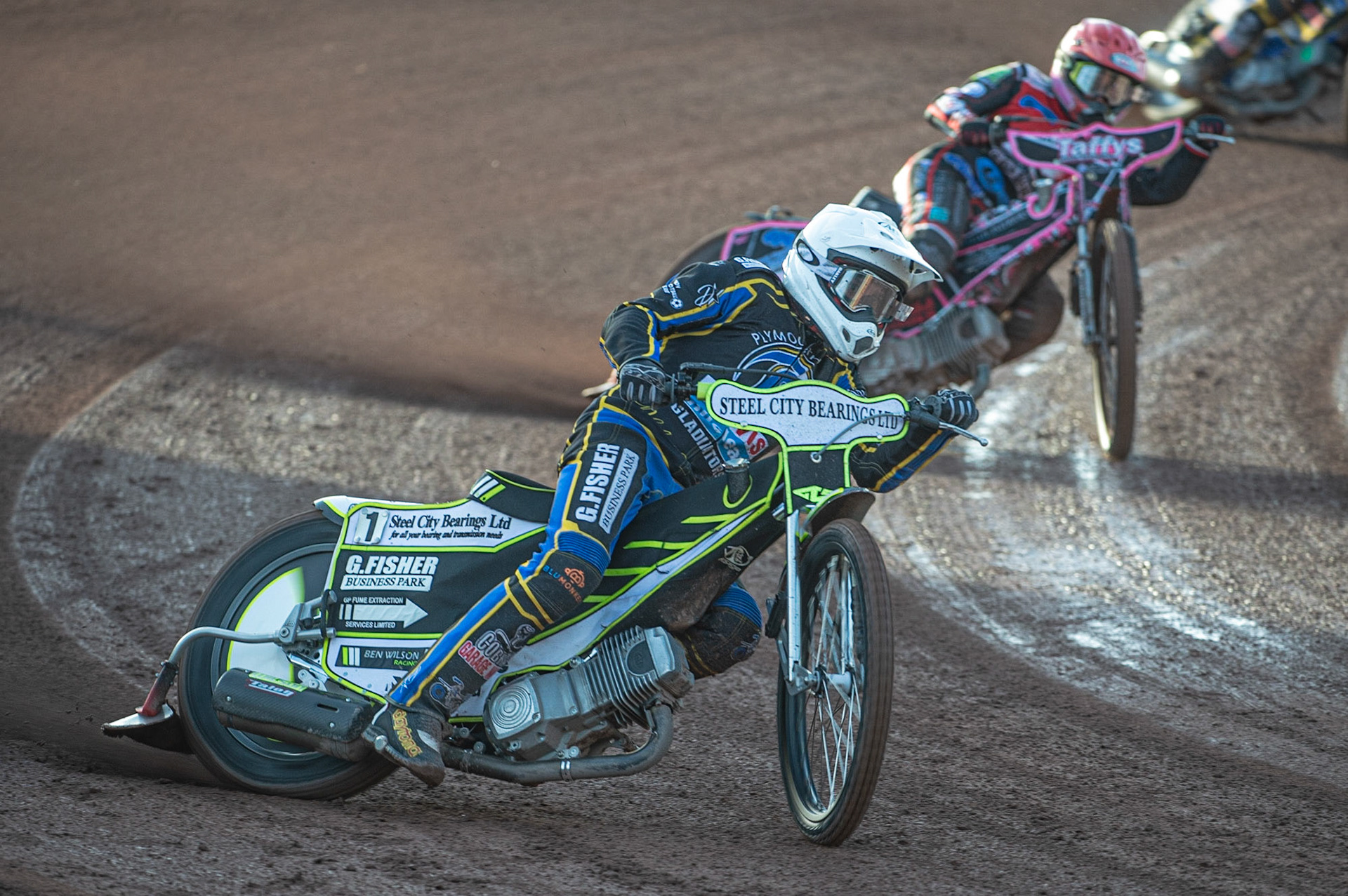 Photo: Ian Charles

Ben Wilson  (White) leads Leon Flint  (Red)

Belle Vue Colts v Plymouth Gladiators National League, Belle Vue National Speedway Stadium, Manchester, Thursday 23  May  2019