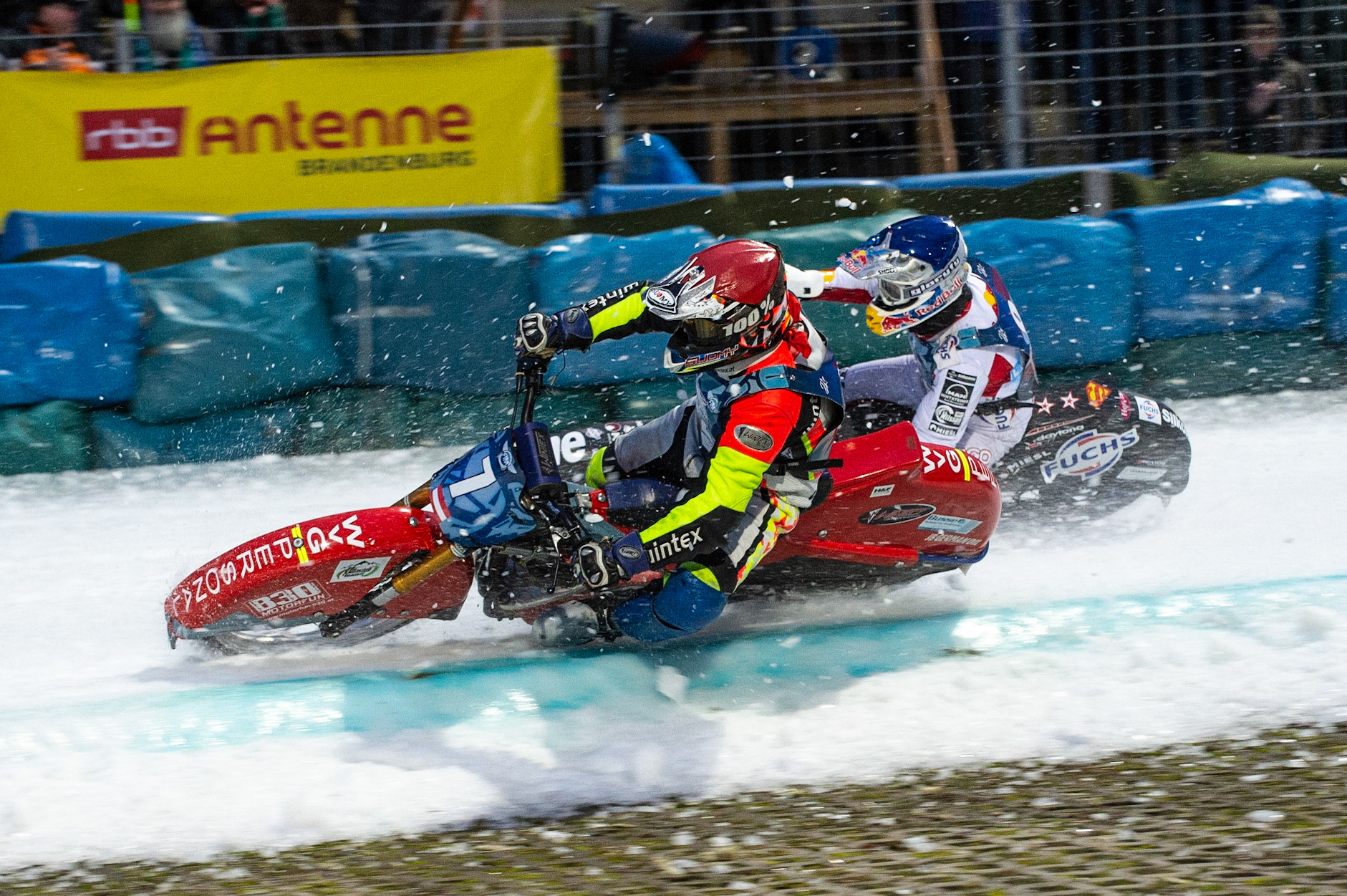 BERLIN GERMANY  - February 29  Harald Simon (Red) leads team mate Franky Zorn (Blue) of Austria  during theIce Speedway of Nations (Day 1) at the Horst-Dohm-Eisstadion, Berlin,  on Saturday 29 February 2020. (Credit: Ian Charles | MI News)